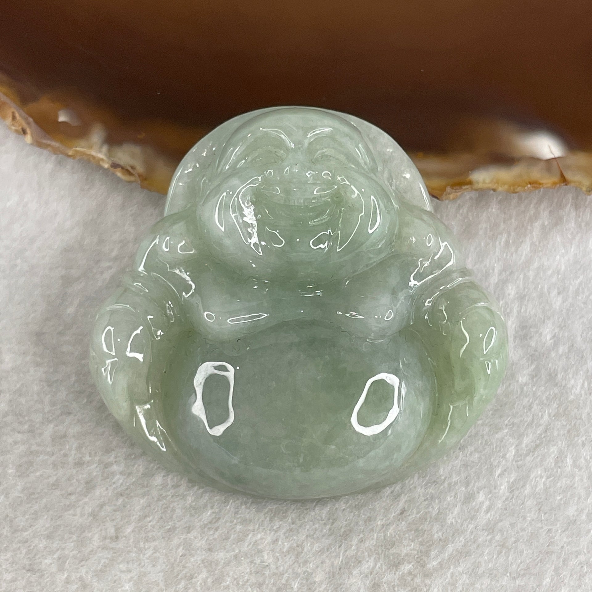Natural Type A Green Jadeite Milo Laughing Buddha Pendant 47.59g 46.1 by 48.7 by 14.6mm - Huangs Jadeite and Jewelry Pte Ltd