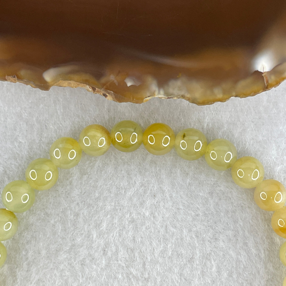 Natural Type A Semi Icy Yellowish Jadeite Beads Bracelet | (17.72g | 19.5cm | 6.8mm x 28 Beads | Solar Plexus & Root Chakra Synergy, "Huang Fei" Abundance Catalyst & Feng Shui Wealth Anchor) - Huangs Jadeite and Jewelry Pte Ltd