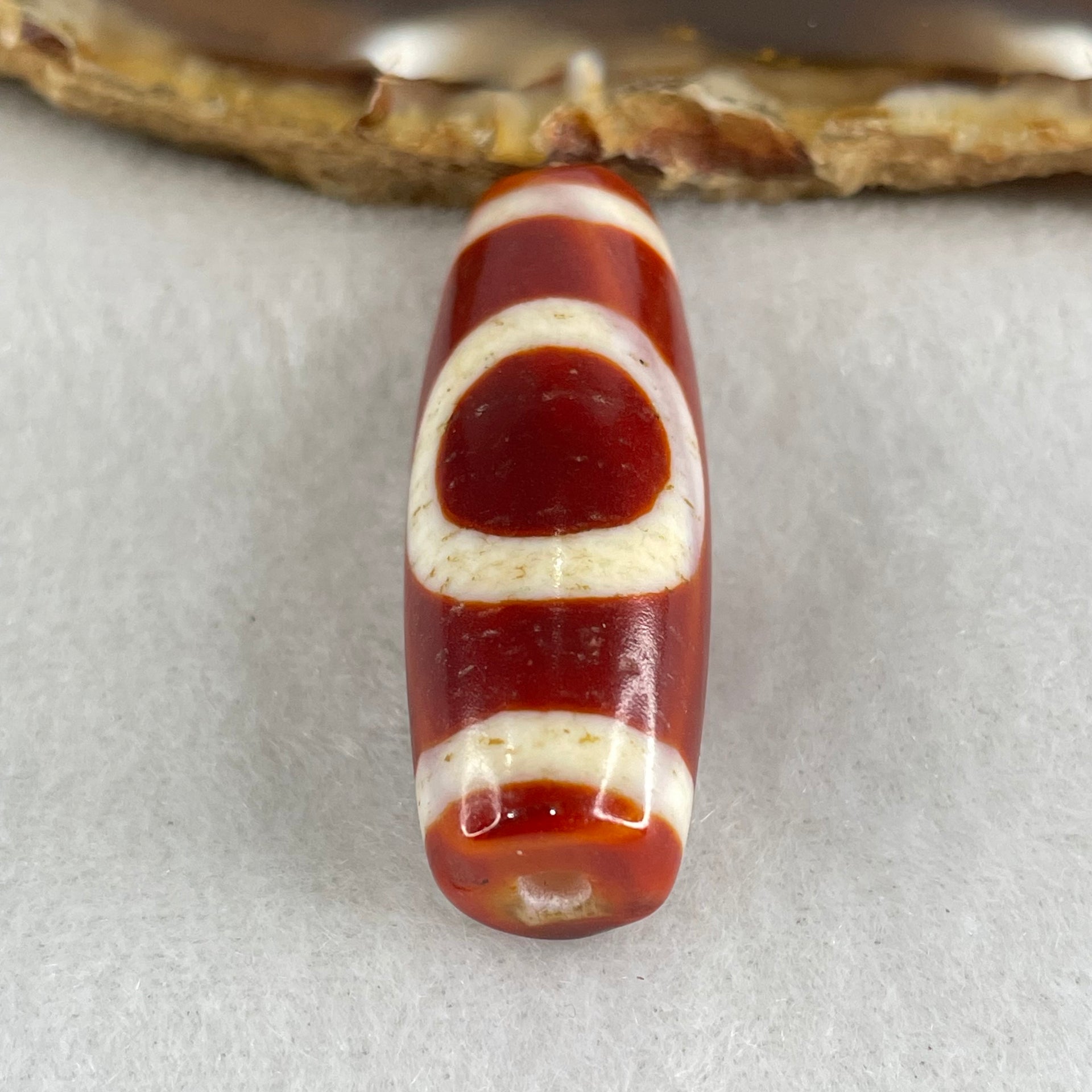Natural Powerful Tibetan Old Oily Red White Agate One Eye Gold Metal Element Dzi Bead Heavenly Master (Tian Zhu) 一眼金天珠 10.81g 38.0 by 13.5mm - Huangs Jadeite and Jewelry Pte Ltd