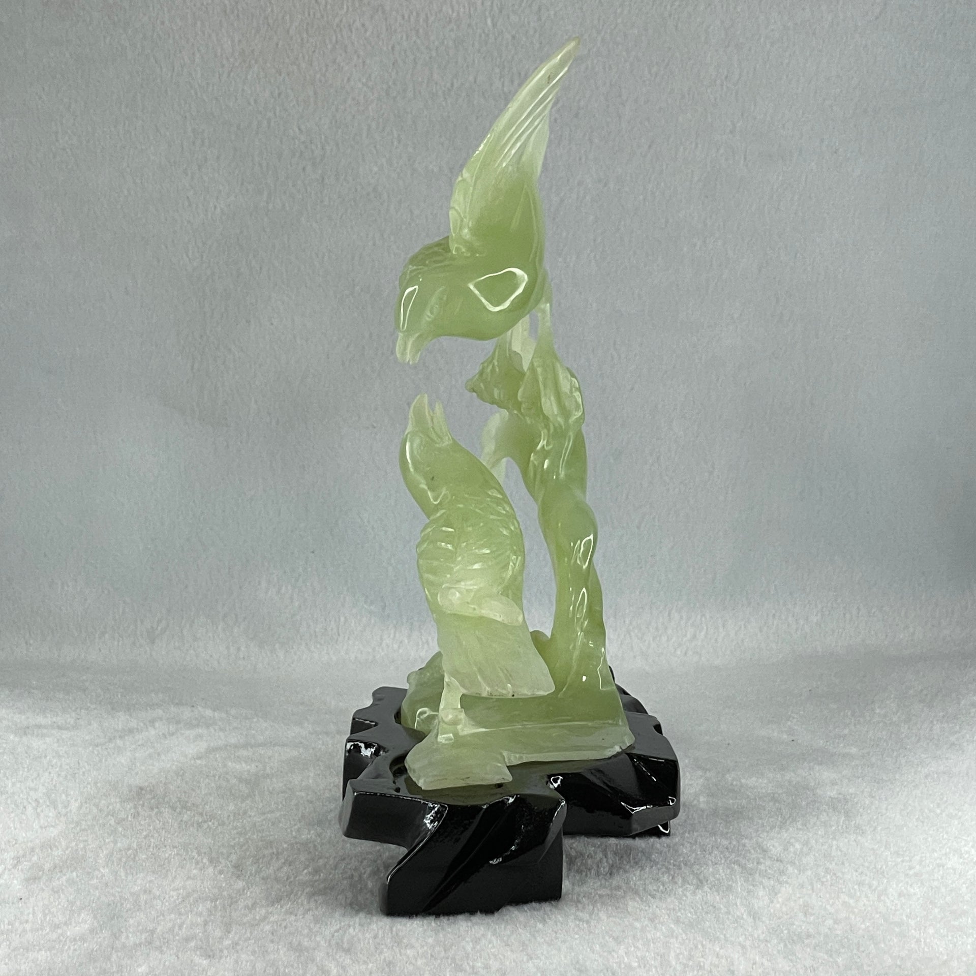 Natural Green Serpentine Twin Magpie Birds on Tree with Wooden Stand Display 453.4g 230.0 by 196.0 by 79.0mm - Huangs Jadeite and Jewelry Pte Ltd