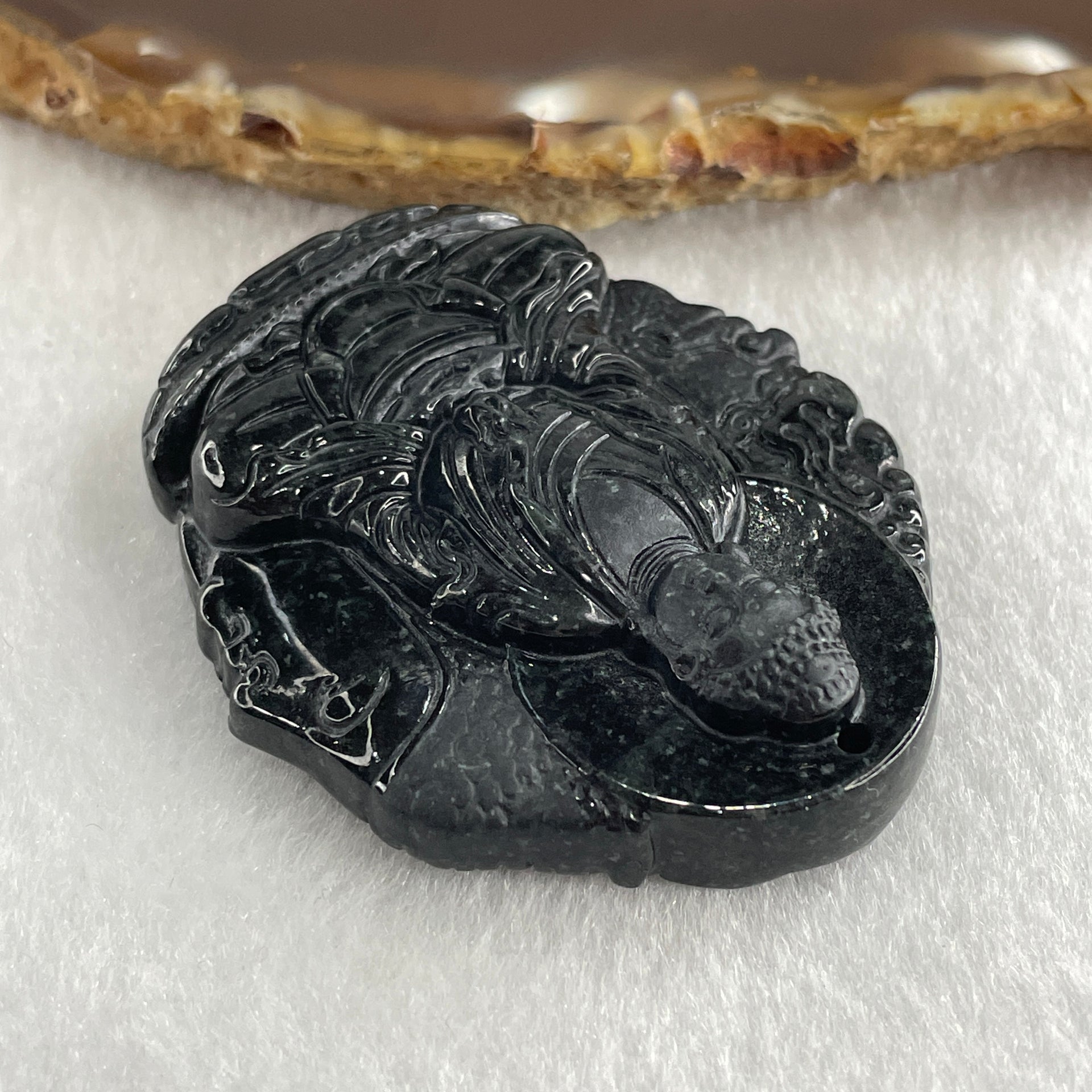 Type A Opaque Black Omphacite Jadeite Good Vs Evil Amitabha Buddha Pendant Dog and Boar Pig Zodiac Guardian 44.61g 50.6 by 43.4 by 12.0mm - Huangs Jadeite and Jewelry Pte Ltd