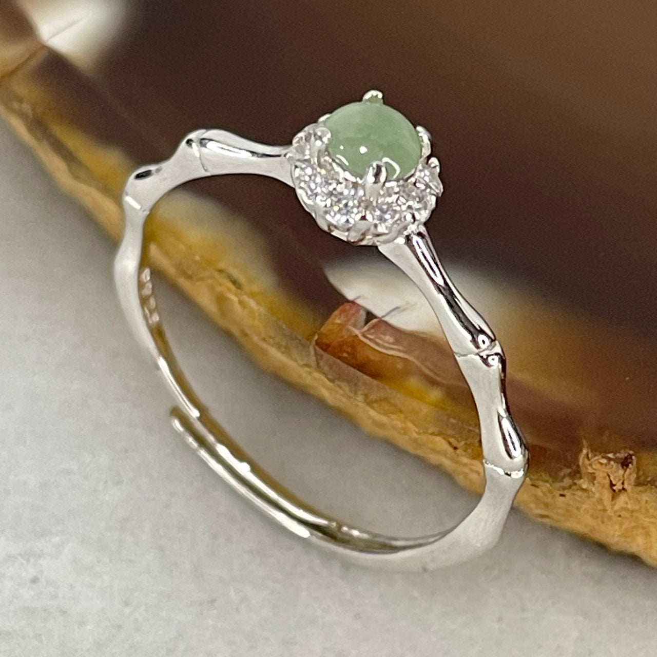 Type A Semi Icy Green Cabochon Jadeite in S925 Sliver Bamboo Ring (Adjustable Size) 0.97g 3.7 by 2.8mm - Huangs Jadeite and Jewelry Pte Ltd