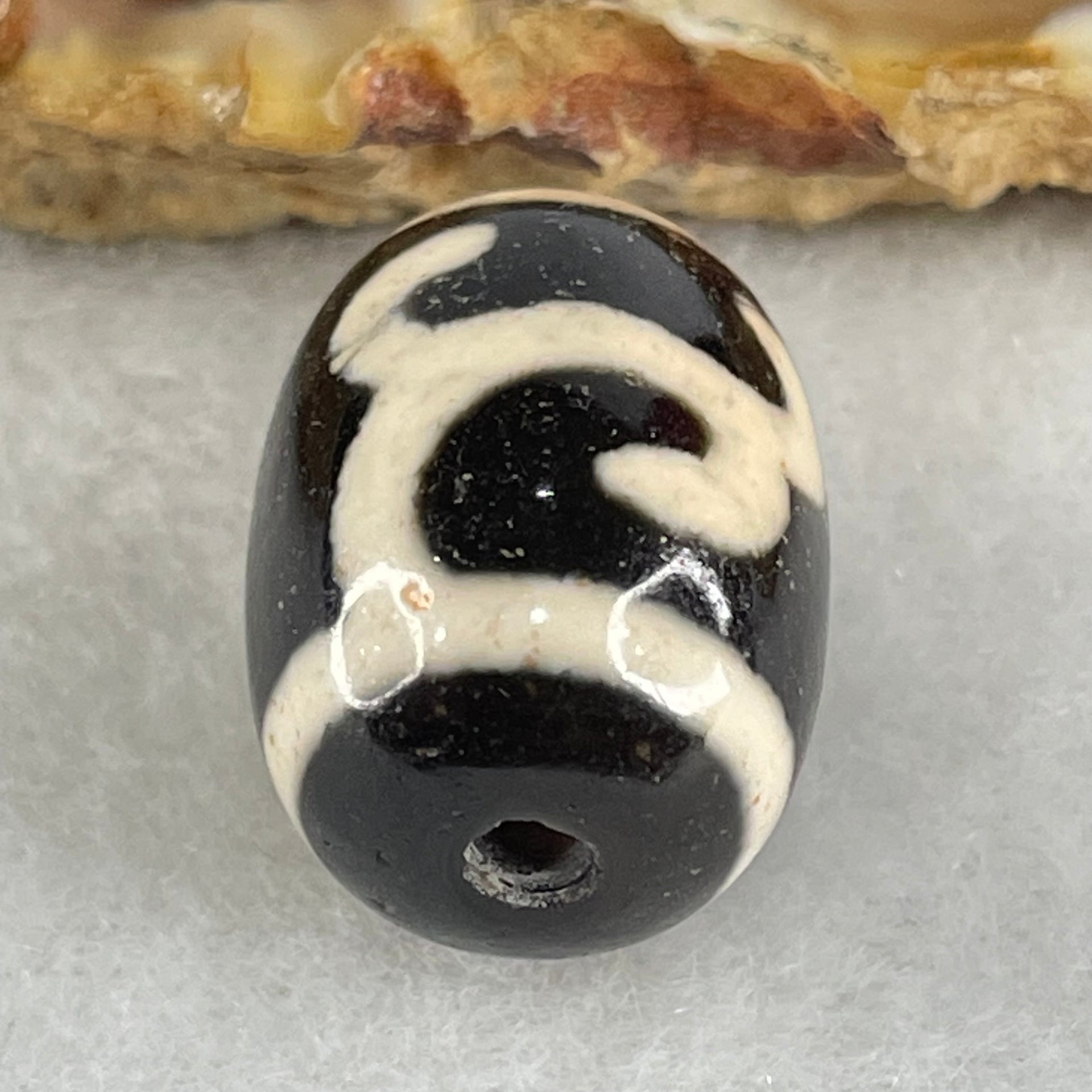 Natural Powerful Tibetan Old Oily Black White Agate Green Tara Dzi Bead Heavenly Master (Tian Zhu) 绿度母天珠 4.80g 17.4 by 13.5mm - Huangs Jadeite and Jewelry Pte Ltd