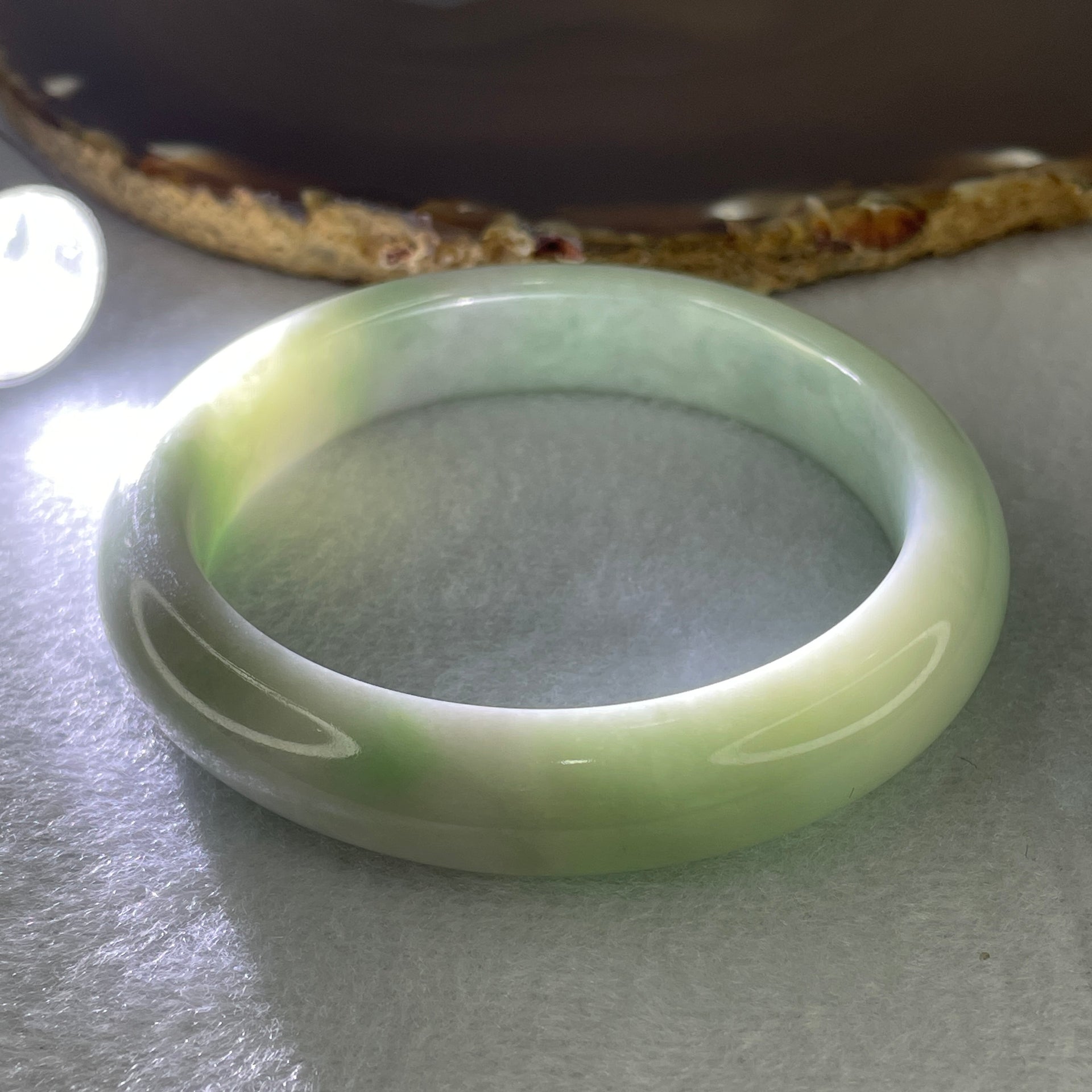 Certified Natural Type A Light Green with  Faint Lavender Patches Jadeite Bangle 62.580g Internal Diameter 58.5mm 12.5 by 9.2mm (Very Slight Internal Lines) - Huangs Jadeite and Jewelry Pte Ltd