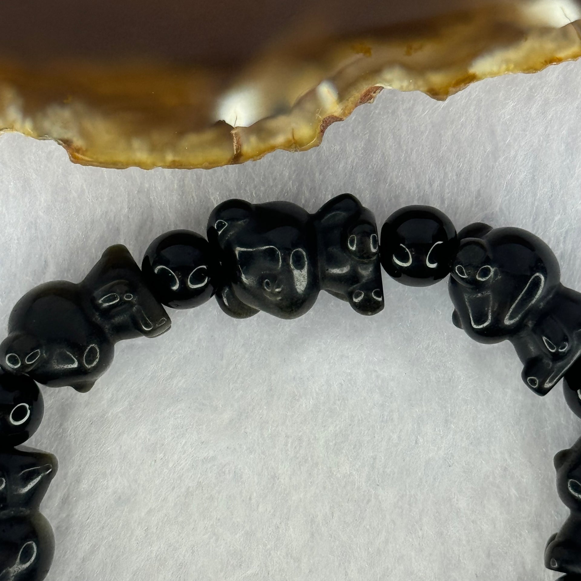Obsidian Bear 17.5 by 12.8 by 11.7mm 8pcs and Beads 8.3mm 8pcs Charms Bracelet 27.92g 15.5cm - Huangs Jadeite and Jewelry Pte Ltd