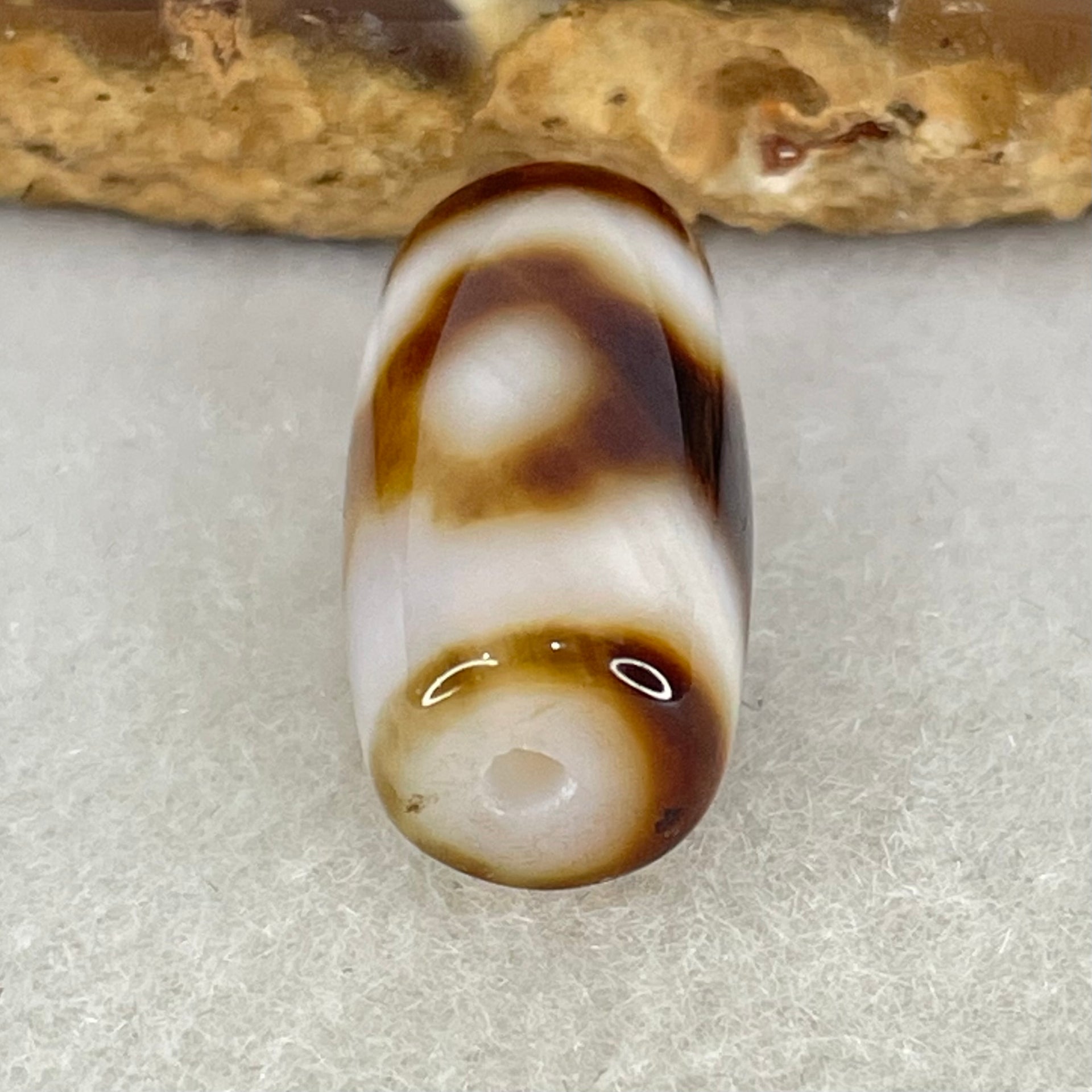 Natural Powerful Tibetan Old Oily White with Dark Brown Agate 3 Eyes Dzi Bead Heavenly Master (Tian Zhu) 三眼天诛 3.49g 19.6 by 10.3mm - Huangs Jadeite and Jewelry Pte Ltd