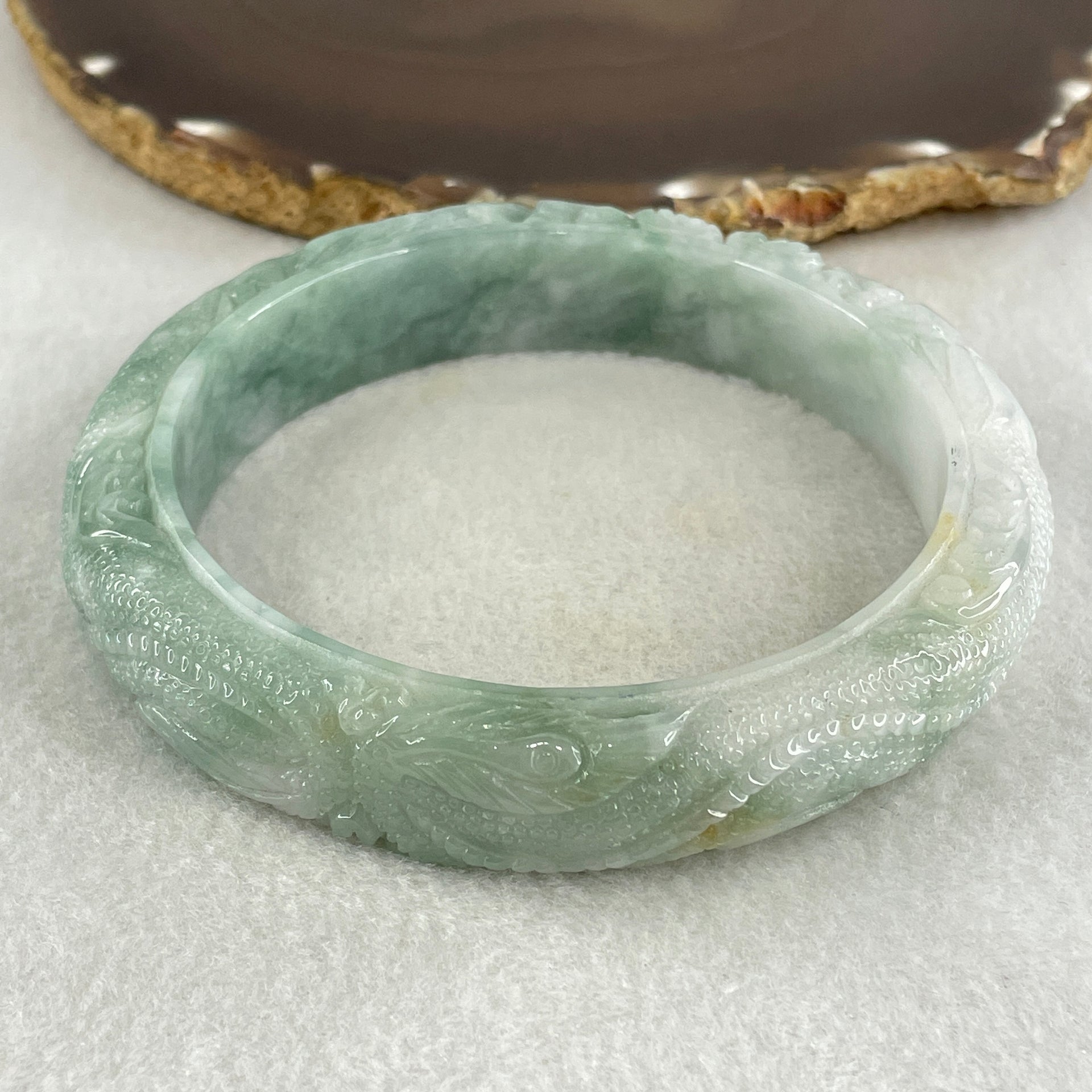 Type A Green with Light Green Piao Hua Jadeite Dragon Bangle Internal Diameter 73.7mm 117.72g 16.3 by 12.3mm (Internal Line) - Huangs Jadeite and Jewelry Pte Ltd