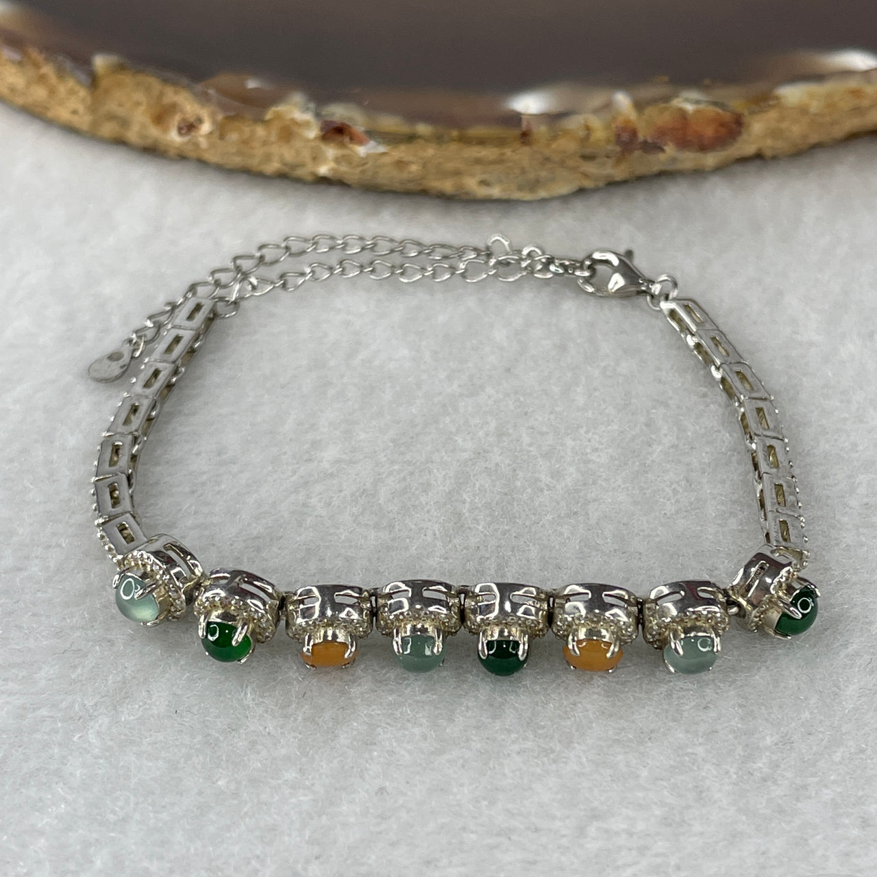 Natural Type A Icy Multicolor Jadeite 8-Stone Bracelet | S925 Sterling Silver Adjustable 13-16cm Blueish Green & Yellow Glacial Layering Chain (7.91g 3.9x2.0mm 8 pcs)
