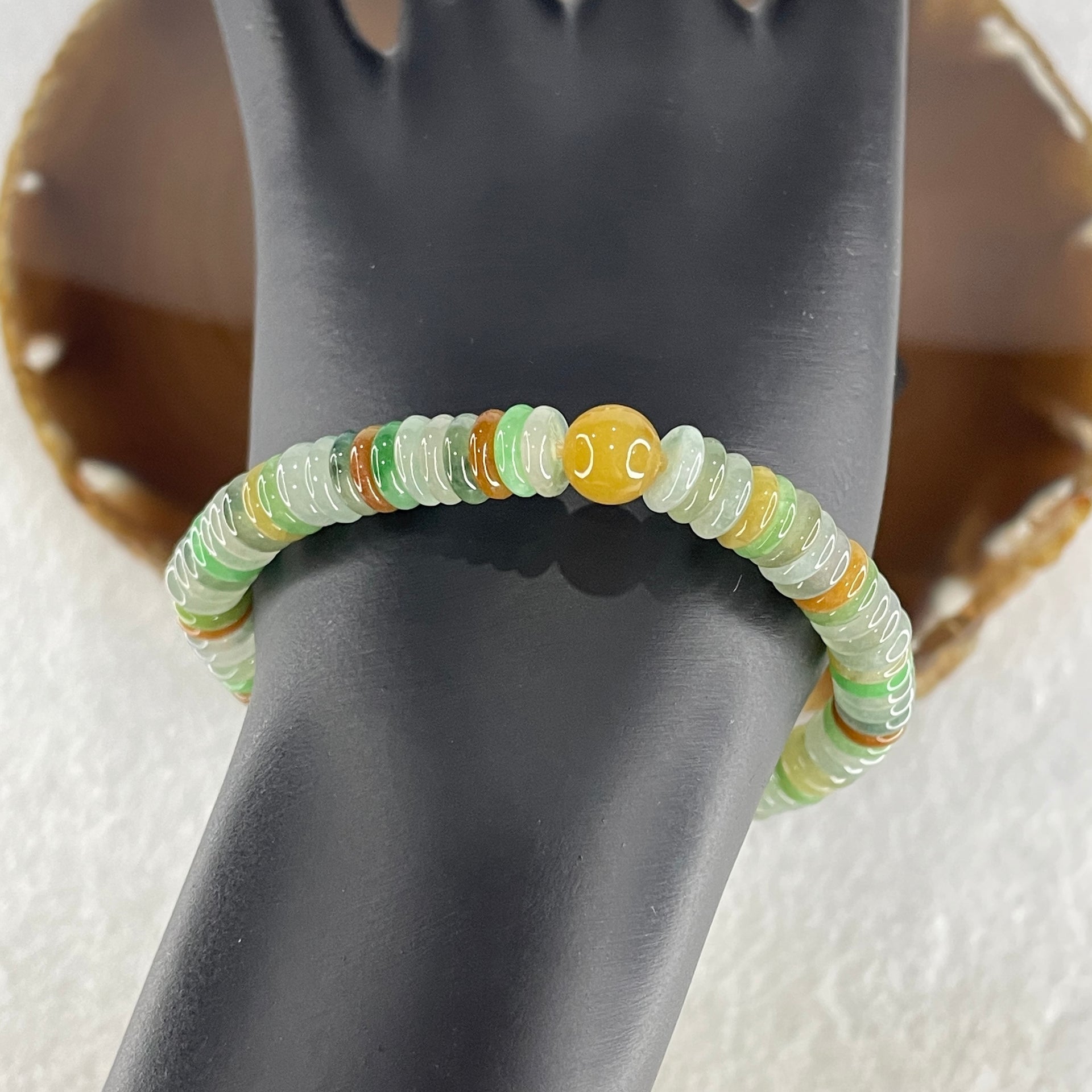 Natural Type A Muti Color Green with Yellow Blueish Green Colorless Jadeite Donut Beads Bracelet 19.89g 16cm 7.1mm 80 Pcs - Huangs Jadeite and Jewelry Pte Ltd