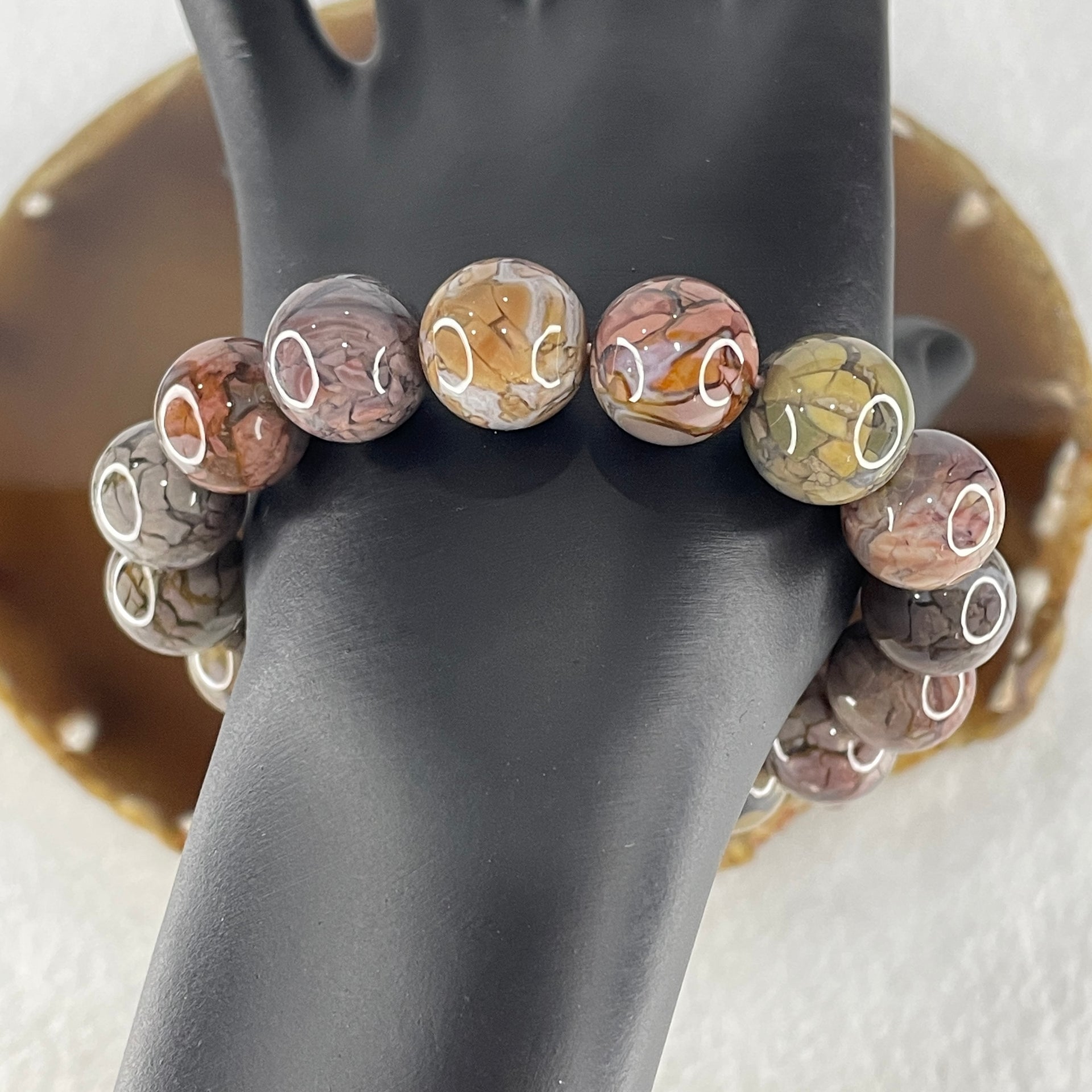 Certified Natural Alashan Agate Greyish Beads Bracelet 49.866g 17cm 13.4mm 16Beads - Huangs Jadeite and Jewelry Pte Ltd