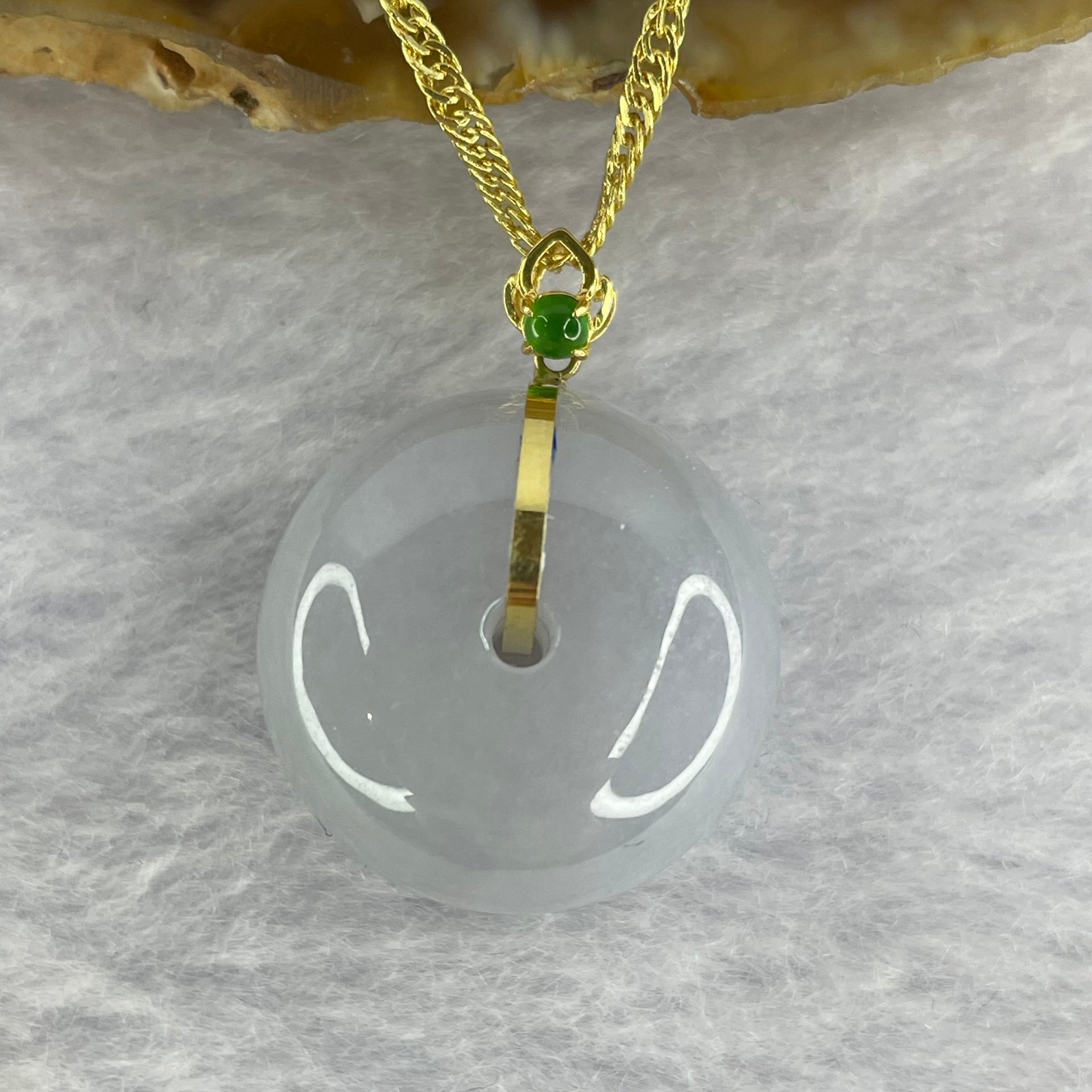 Type A Lavender Jadeite Ping An Kou Donut 平安扣 in 18k Gold Setting 9.43g 18.8 by 18.9 by 13.5mm with 925 Silver Necklace - Huangs Jadeite and Jewelry Pte Ltd