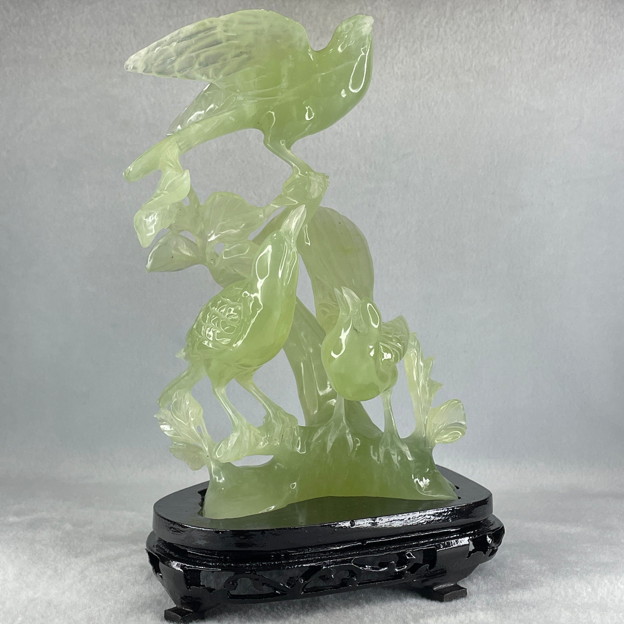 Natural Green Serpentine 3 Magpies Birds on Tree with Wooden Stand Display 807.0g 175.0 by 120.0 by 200.0mm - Huangs Jadeite and Jewelry Pte Ltd