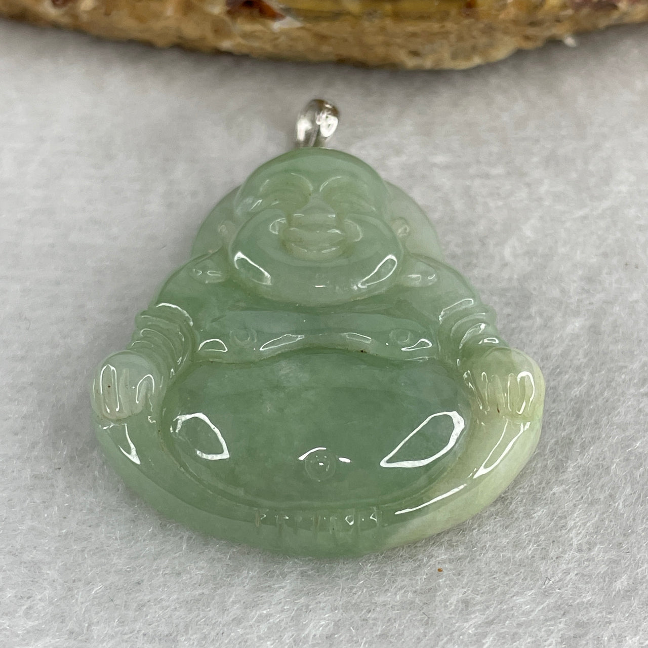 Natural Type A Green with White Patches Jadeite Milo Laughing Buddha with 18K White Gold Clasp Pendant 17.06g 35.8 by 31.2 by 8.7mm
