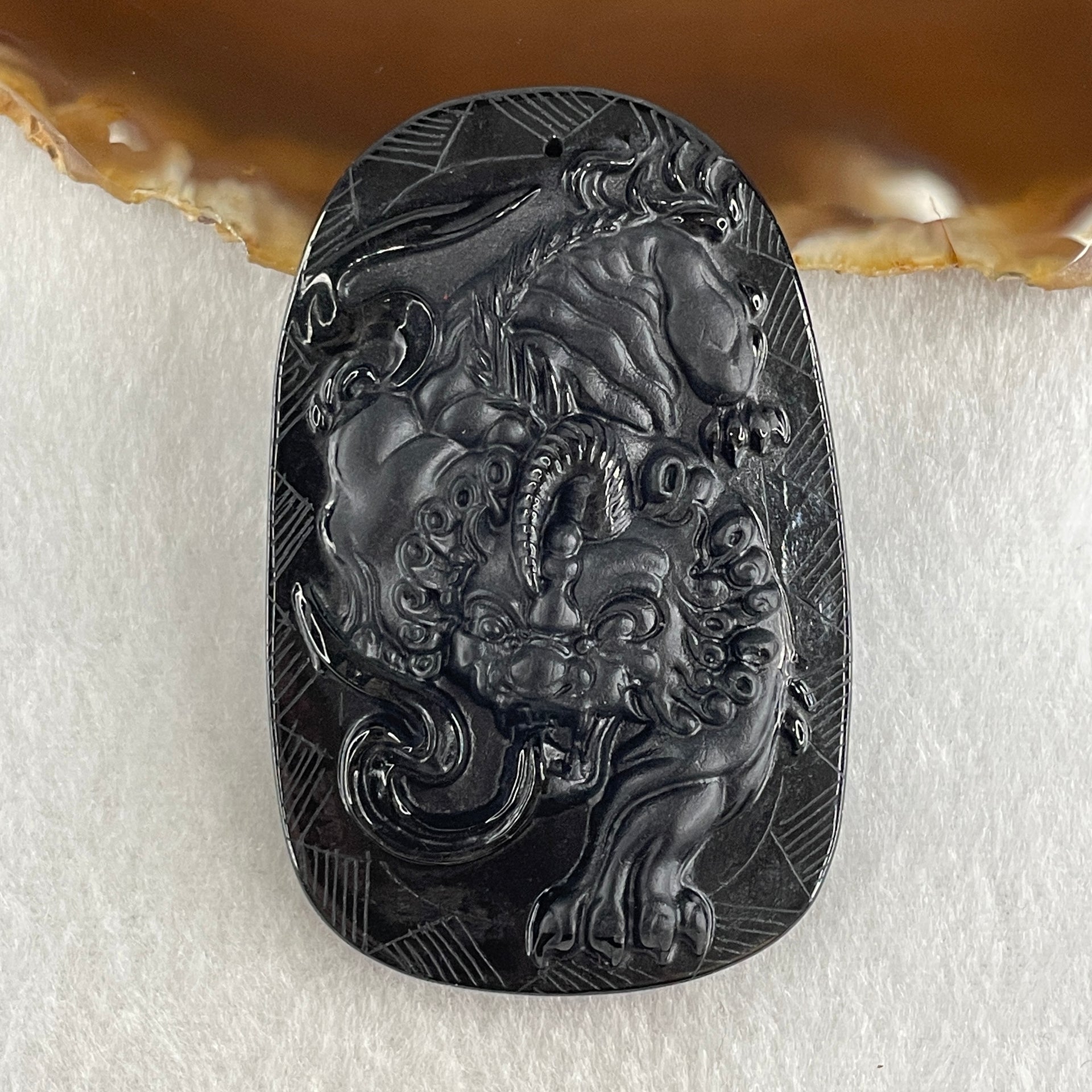 Type A Opaque to Partial Translucent Black Omphacite Jadeite Pixiu Pendant 23.77g 63.4 by 40.9 by 8.3mm - Huangs Jadeite and Jewelry Pte Ltd