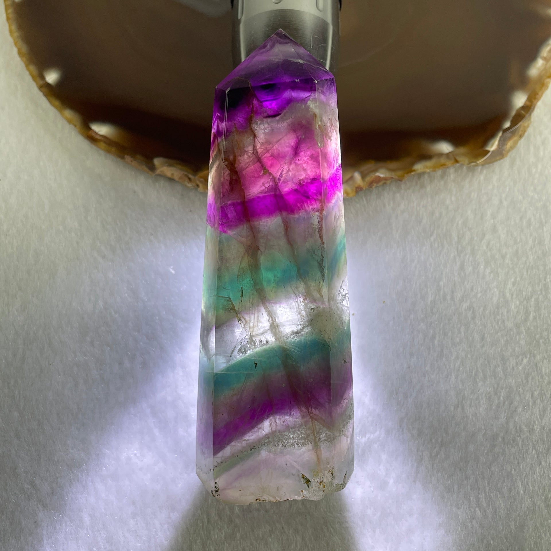 Natural Green and Purple Fluorite Quartz Tower Display 173.67g 99.8 by 34.9 by 35.6mm - Huangs Jadeite and Jewelry Pte Ltd