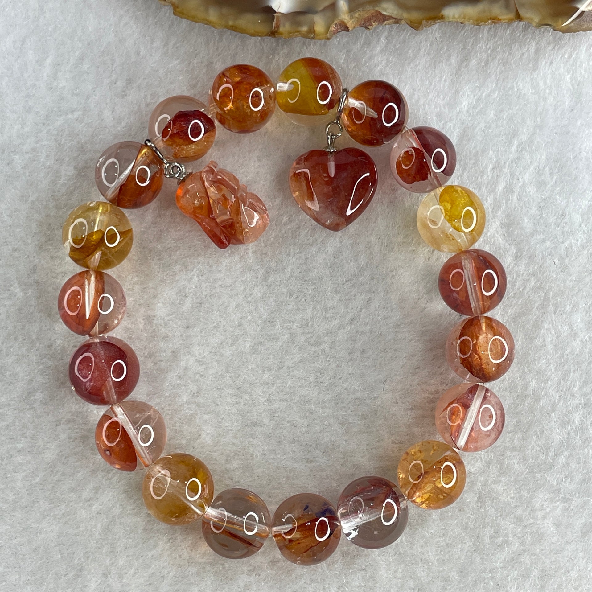 Good Grade Natural Red with Orange Ferruginous Quartz Beads with Heart Shape and Rabbit Charm Bracelet 31.41g 15.5cm 10.2mm 19 Beads - Huangs Jadeite and Jewelry Pte Ltd
