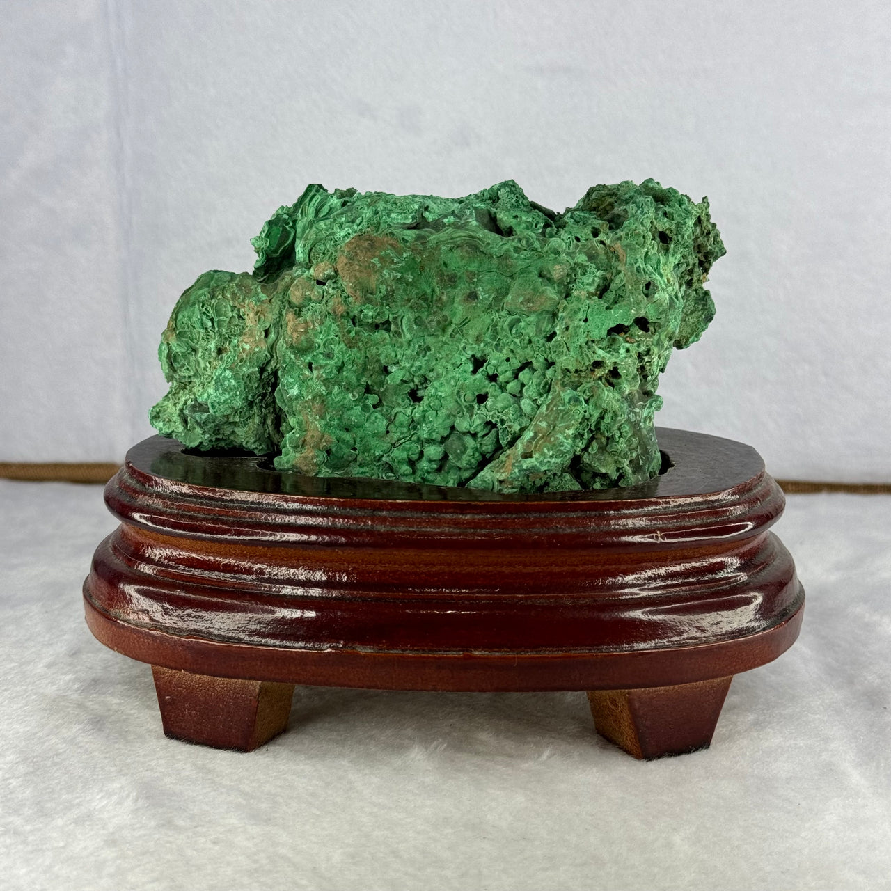 Natural Malachite Raw Stone Specimen Display in Wooden Stand 1,045.7g 160.0 by 114.1 by 12.0mm - Huangs Jadeite and Jewelry Pte Ltd