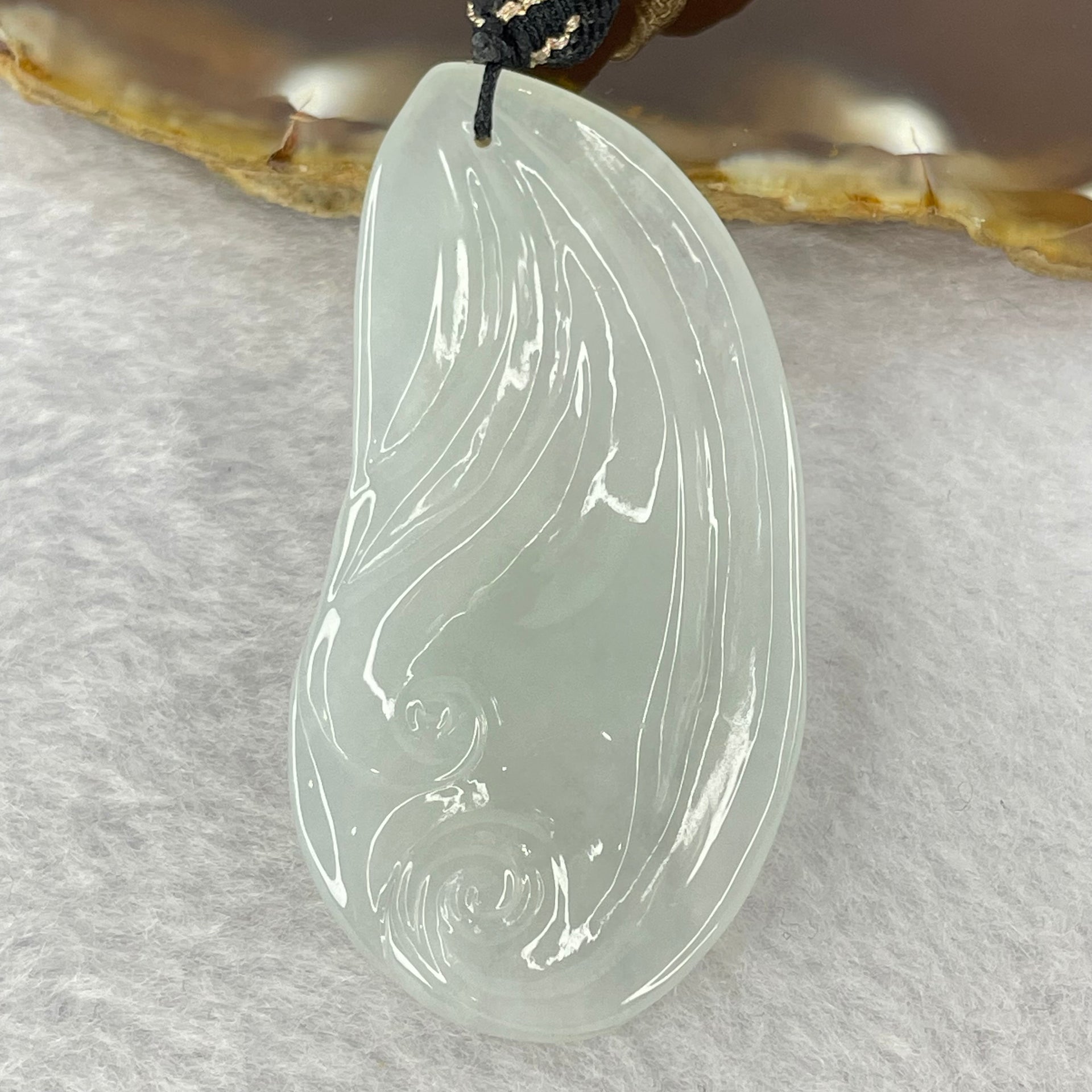 Type A Semi Icy Light Green Jadeite Benefactor on Lotus Flower Pendent 16.22g 52.1 by 26.5 by 7.9mm - Huangs Jadeite and Jewelry Pte Ltd