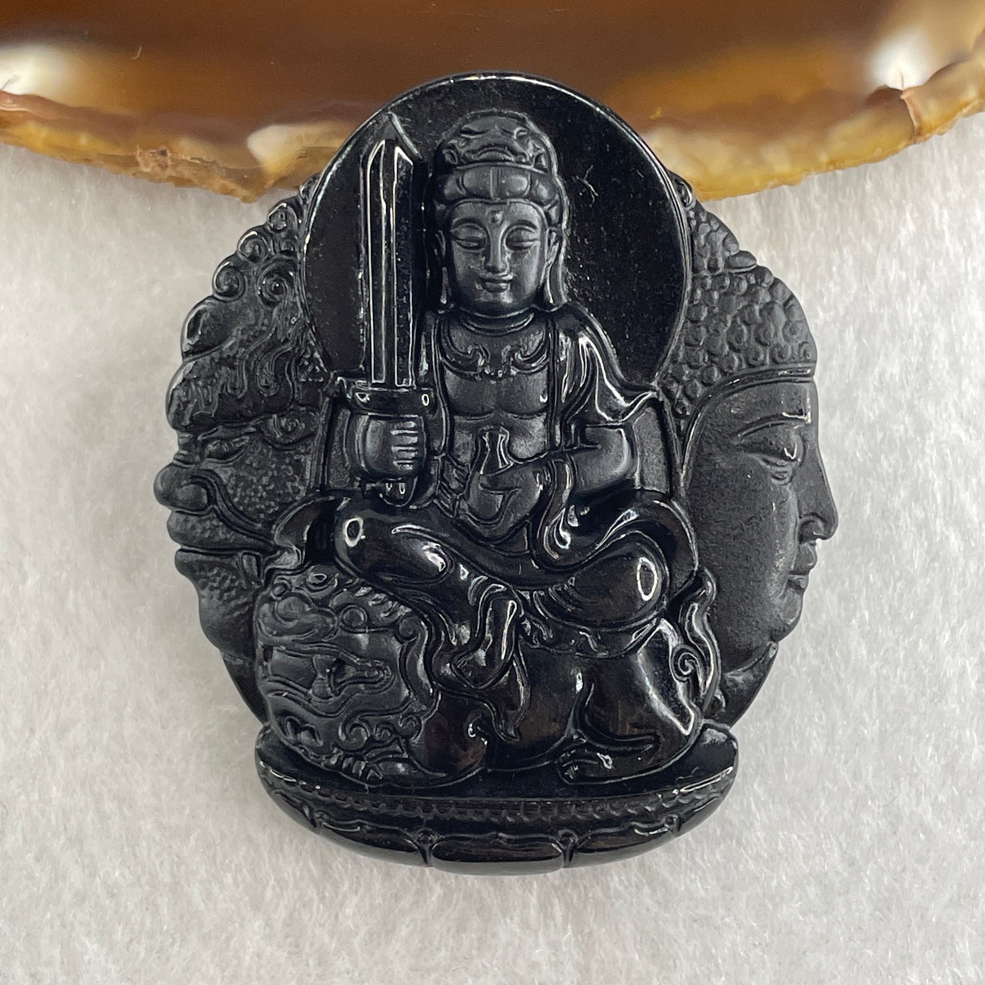 Type A Opaque Black Omphacite Jadeite Good Vs Evil Manjushri Bodhisattva Pendant Rabbit Zodiac Guardian 35.89g 51.2 by 44.3 by 10.0mm - Huangs Jadeite and Jewelry Pte Ltd
