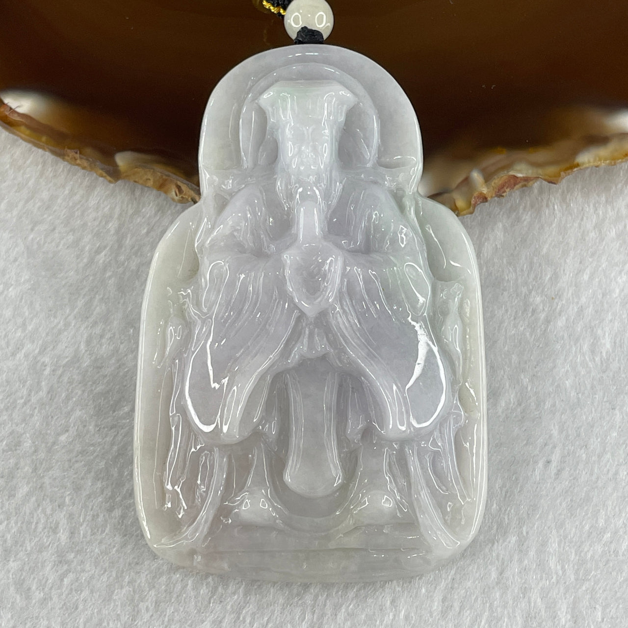 Natural Type A Light Lavender Faint Green Jadeite God Pendant 76.30g 73.9 by 48.5mm