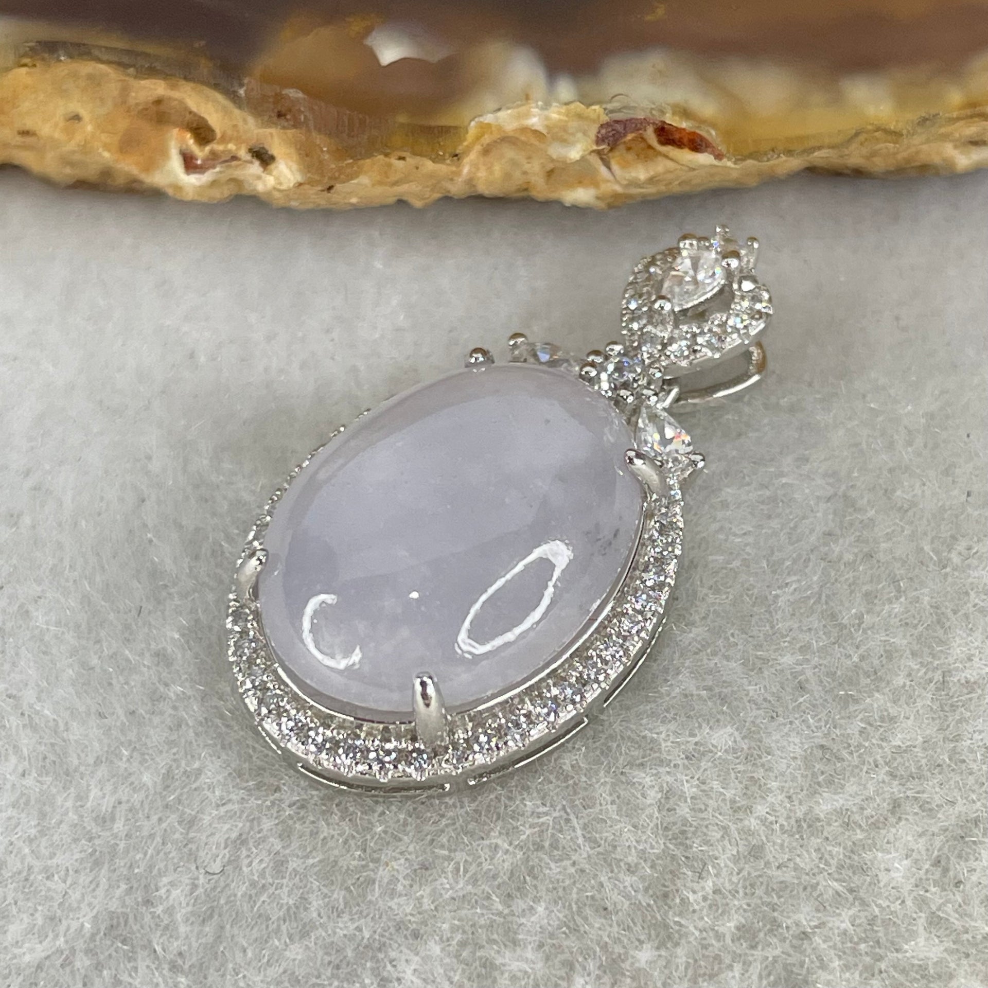 Type A Deep Lavender Cabochon Jadeite in S925 Sliver with Crystal Charm 4.30g 15.6 by 11.7 by 5.0mm - Huangs Jadeite and Jewelry Pte Ltd
