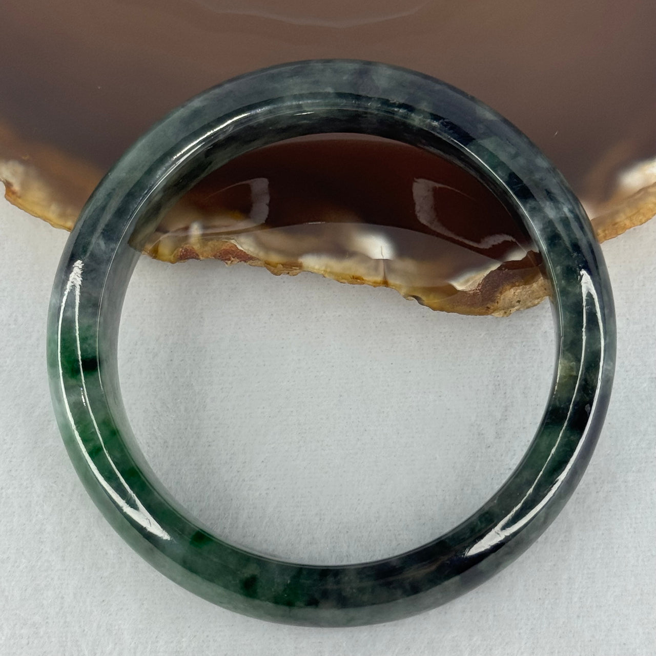 Type A Dark Green with Black and Emerald Green Piao Hua Jadeite Bangle Internal Diameter 55.7mm 57.67g 13.8 by 8.2mm (Very Slight External Rough) - Huangs Jadeite and Jewelry Pte Ltd