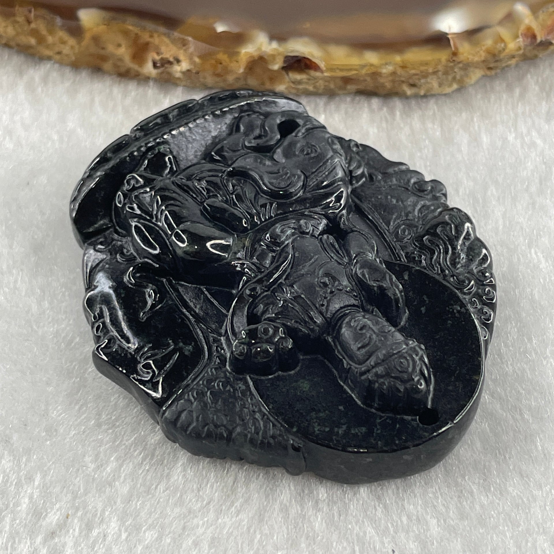 Type A Opaque Black Omphacite Jadeite Good Vs Evil Samantabhadra Bodhisattva Pendant Dragon and Snake Zodiac Guardian 44.90g 50.8 by 43.9 by 12.0mm - Huangs Jadeite and Jewelry Pte Ltd
