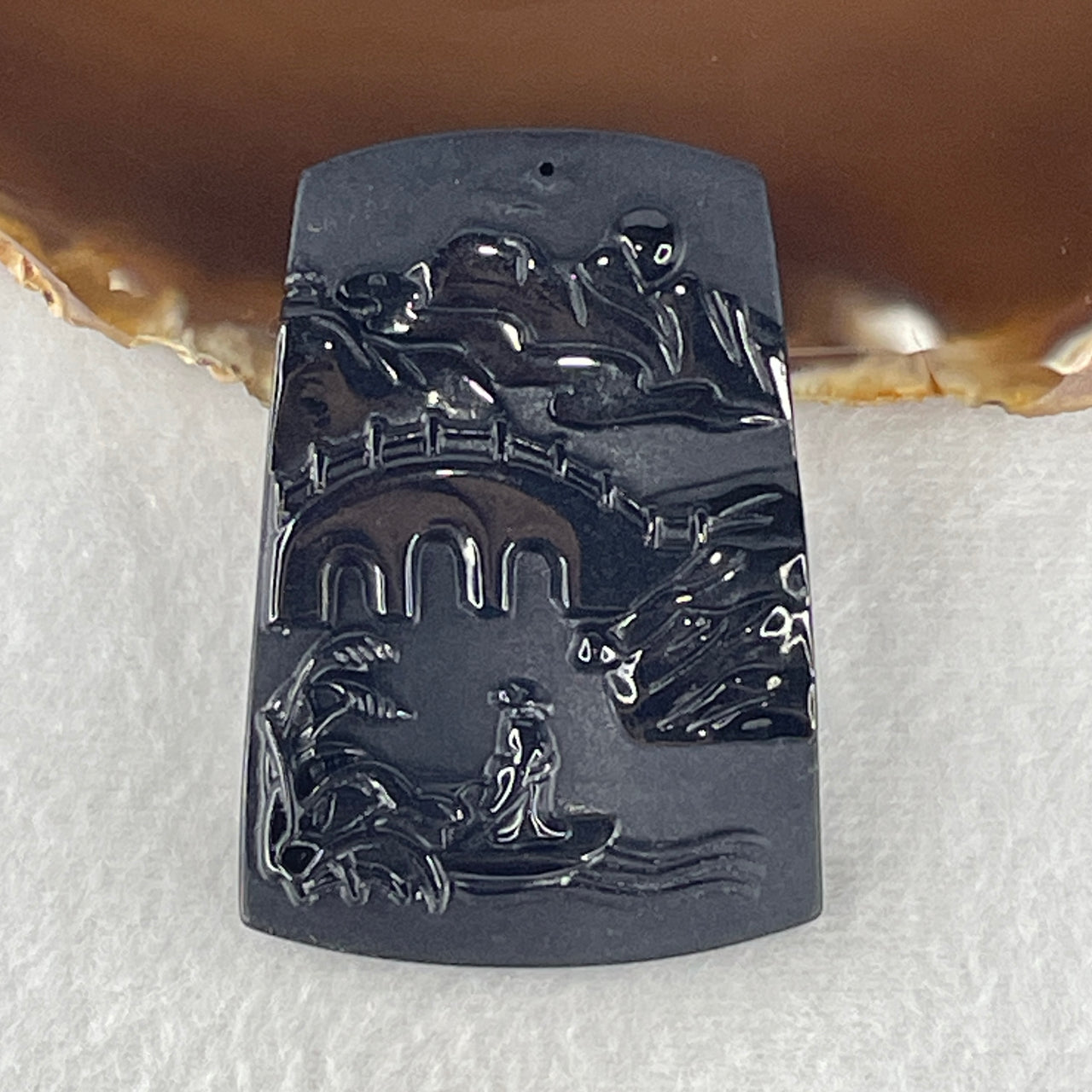 Certified Natural Type A Black Omphacite Jadeite Shan Shui with Guiren Benefactor Pendant 26.97g 61.2 by 42.4 by 9.2mm