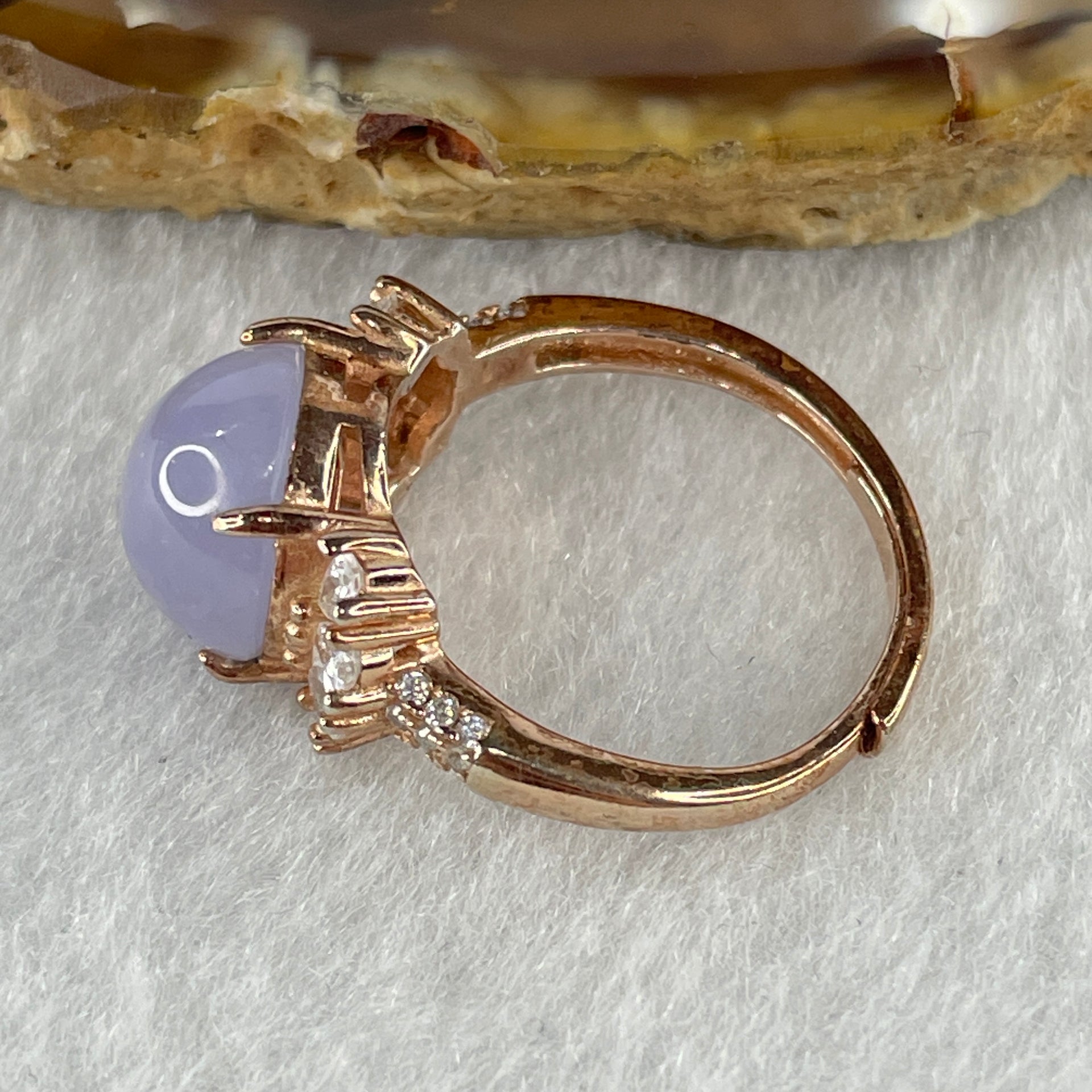 Certified Natural Type A Lavender Jadeite Round Shape Cabouchon with Cubic Zirconia in S925 Rose Gold Coler Silver Ring (Adjustable Size) 3.908g 10.3 by 9.7 by 6.0mm - Huangs Jadeite and Jewelry Pte Ltd