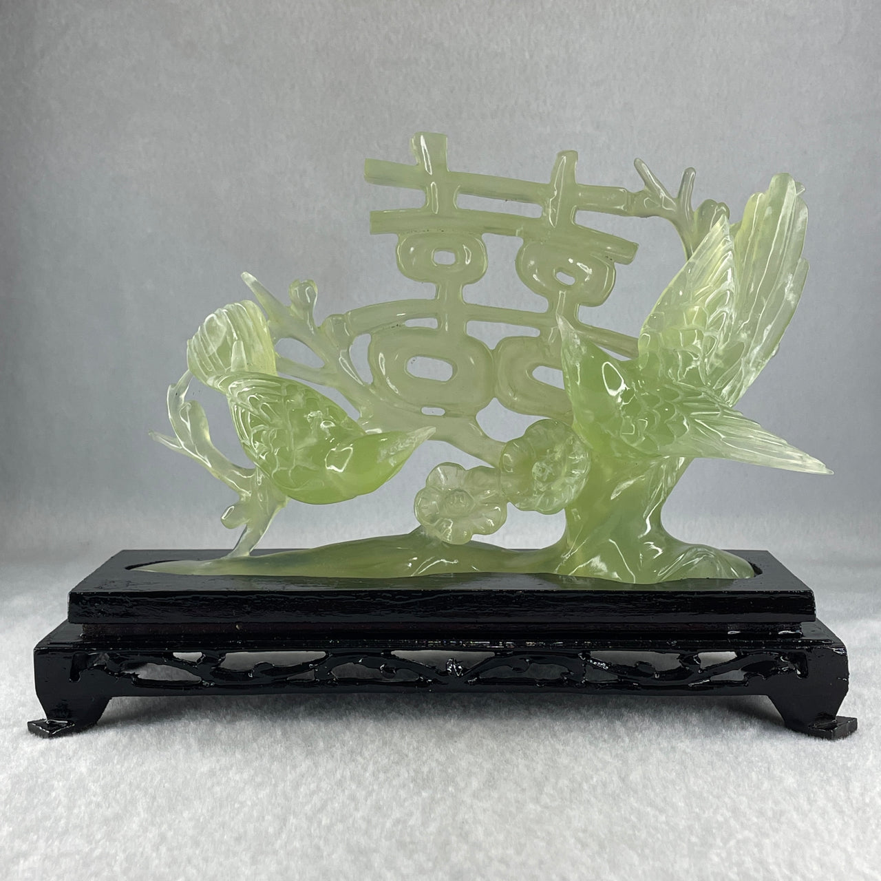 Natural Green Serpentine 囍 Double Happiness Love Birds with Flower with Wooden Stand Display 469.1g 192.0 by 138.0 by 68.0mm - Huangs Jadeite and Jewelry Pte Ltd