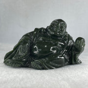 Natural Dark Green Serpentine Laughing Milo Buddha with Wealth Pot with Wooden Stand Display 1,656.6g 190.0 by 133.0 by 127.0mm - Huangs Jadeite and Jewelry Pte Ltd
