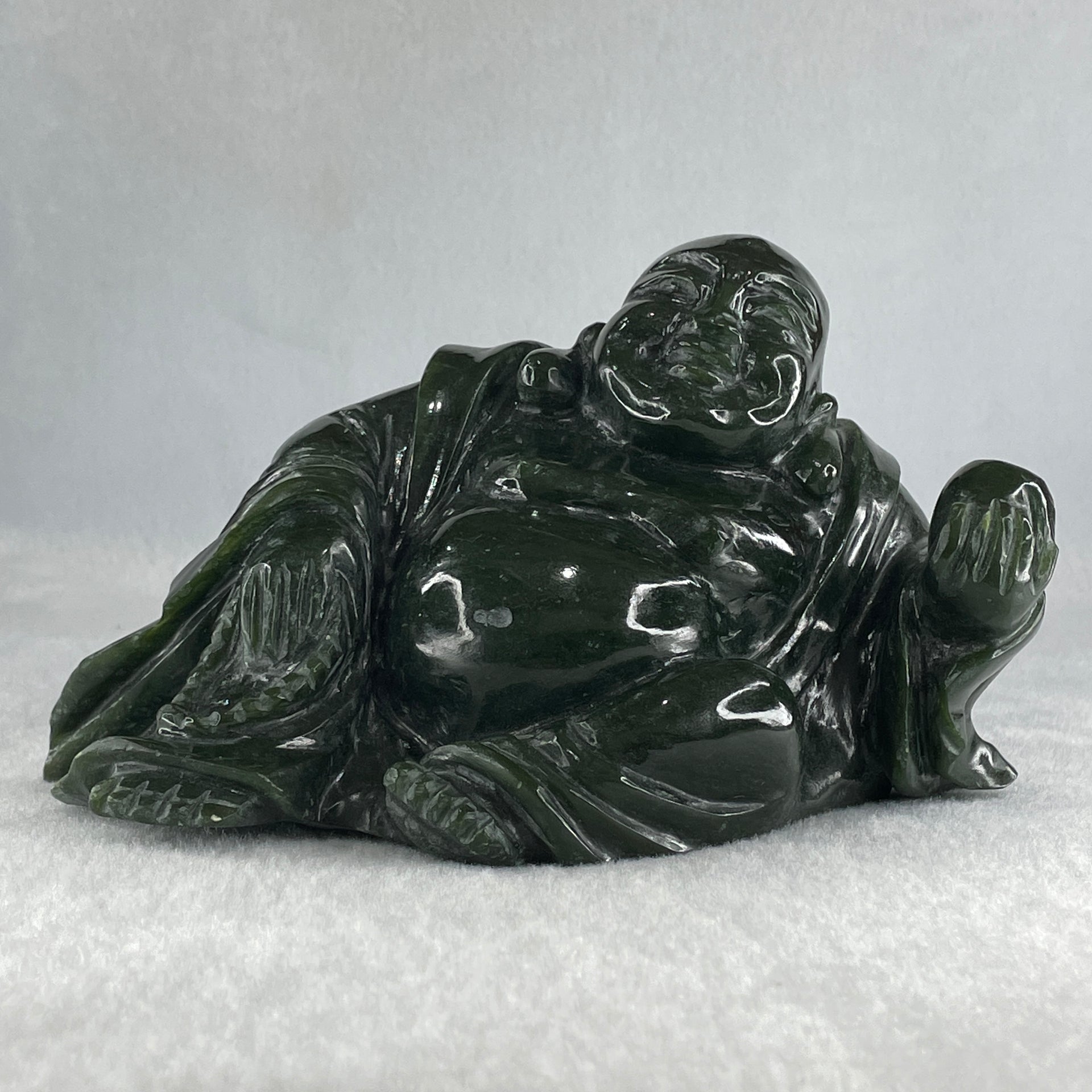 Natural Dark Green Serpentine Laughing Milo Buddha with Wealth Pot with Wooden Stand Display 1,656.6g 190.0 by 133.0 by 127.0mm - Huangs Jadeite and Jewelry Pte Ltd
