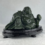 Natural Dark Green Serpentine Laughing Milo Buddha with Wealth Pot with Wooden Stand Display 1,656.6g 190.0 by 133.0 by 127.0mm - Huangs Jadeite and Jewelry Pte Ltd