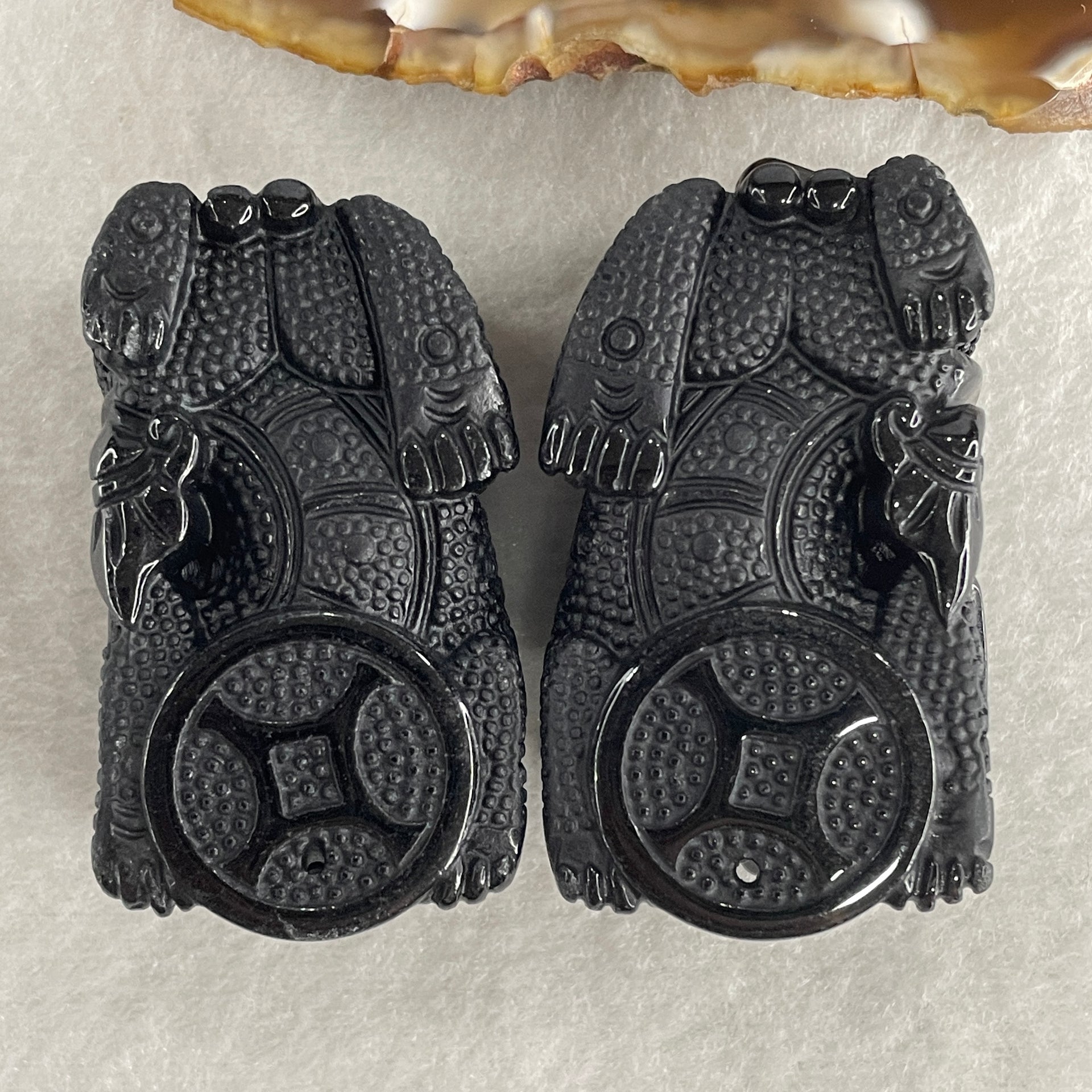 Certified Natural Type A Black Omphacite Jadeite Pixiu pair Pendant Each About 70.55g 52.7 by 29.3 by 22.6mm And 64.17g 49.0 by 27.6 by 23.0mm - Huangs Jadeite and Jewelry Pte Ltd