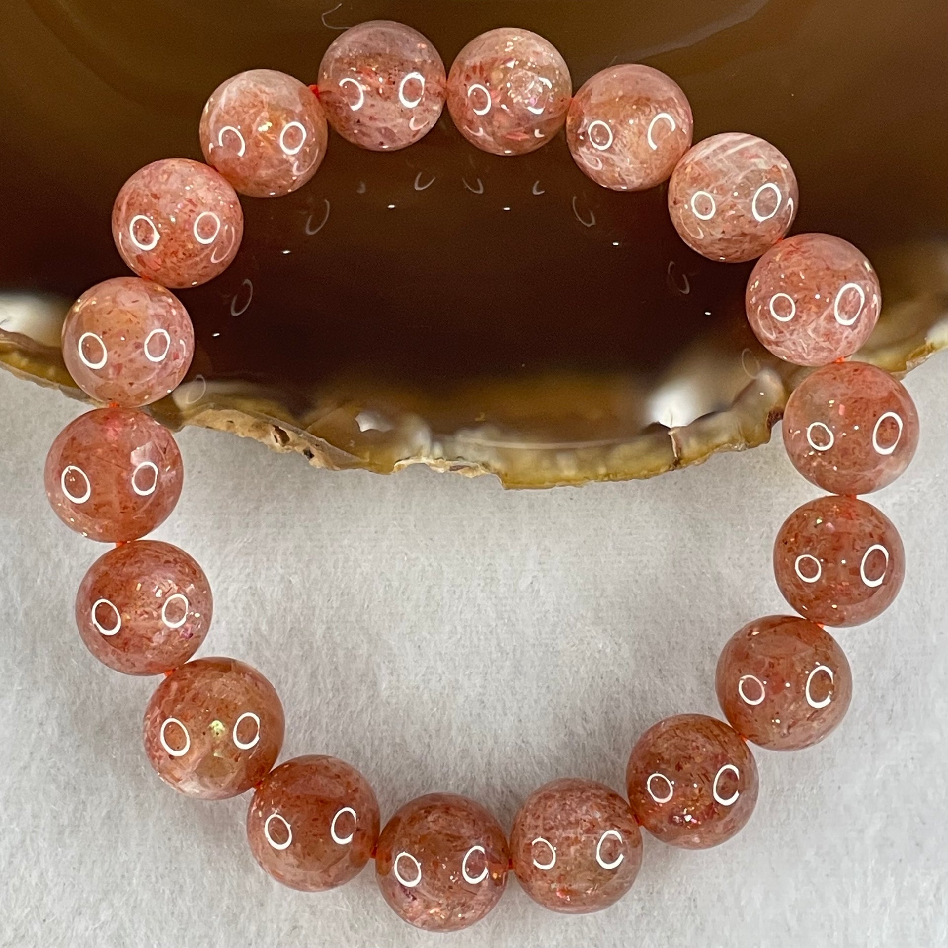 Average Grade Natural Red Sunstone Beads Bracelet 33.85g 16cm 11.2mm 18 Beads - Huangs Jadeite and Jewelry Pte Ltd