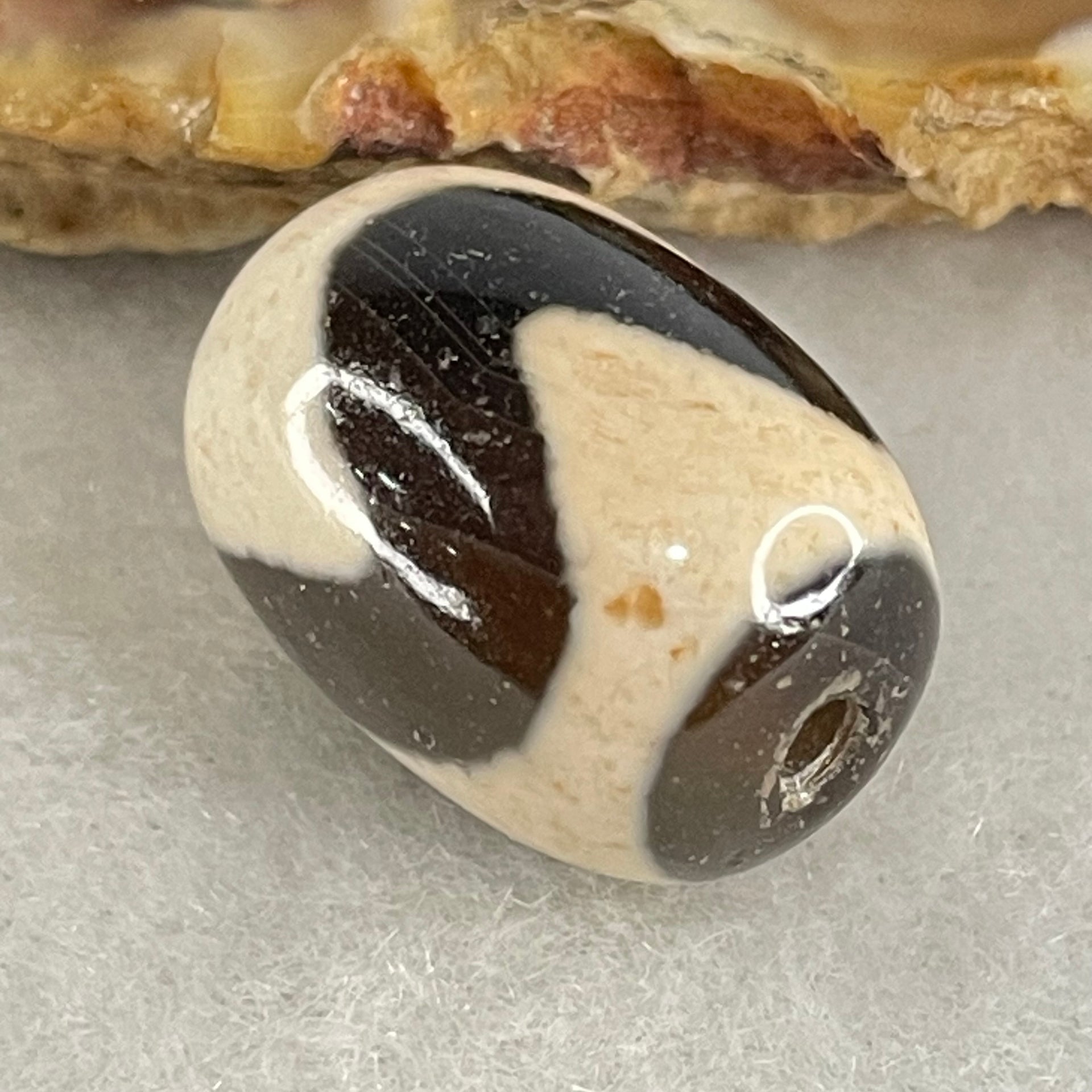 Natural Powerful Tibetan Old Oily Agate Tiger Tooth Daluo Dzi Bead Heavenly Master (Tian Zhu) 虎呀天诛 4.35g 17.6 by 12.6mm - Huangs Jadeite and Jewelry Pte Ltd