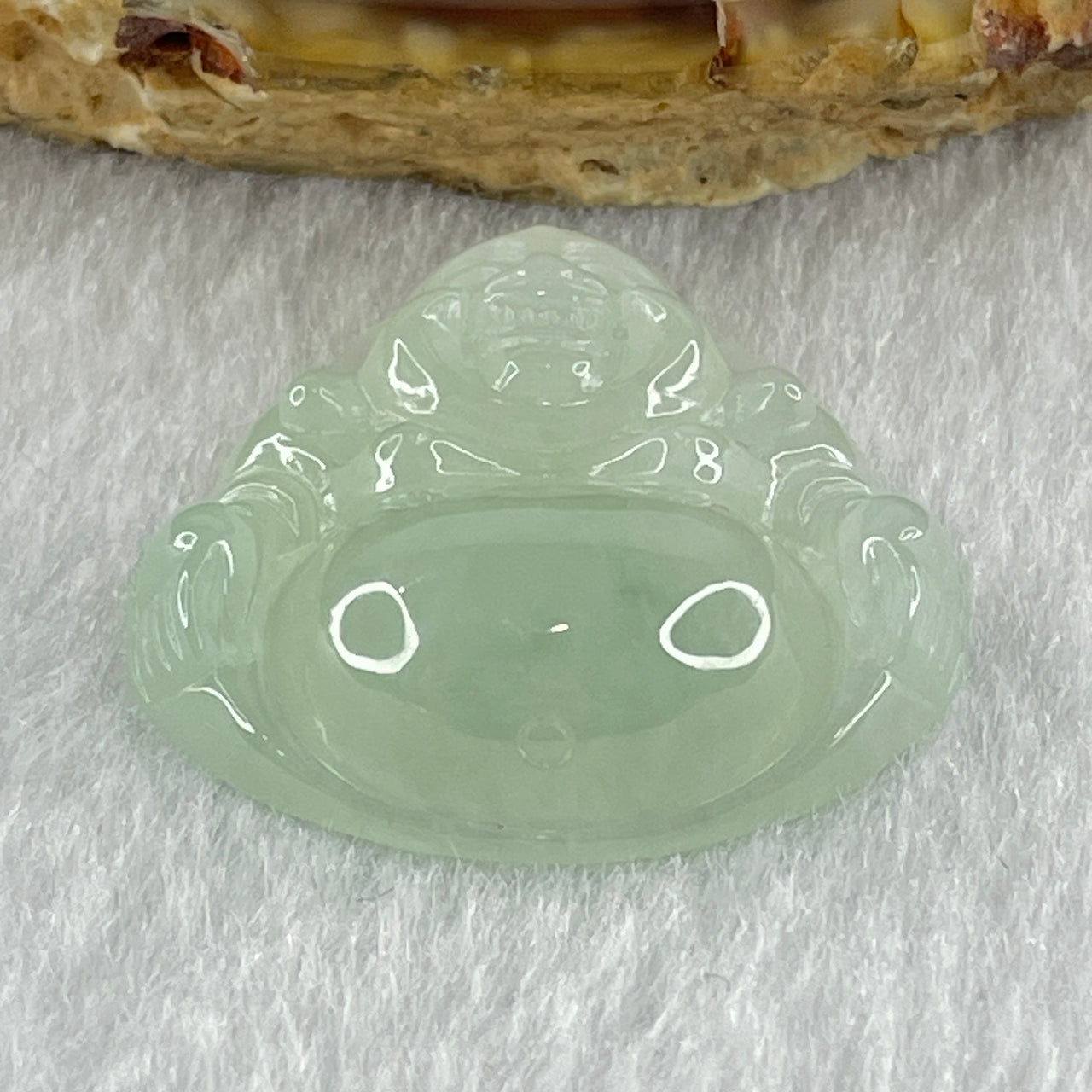 Natural Type A Semi Icy Faint Sky Blue to White Jadeite Milo Laughing Buddha Pendant 6.75g 24.3 by 26.2 by 7.7mm
