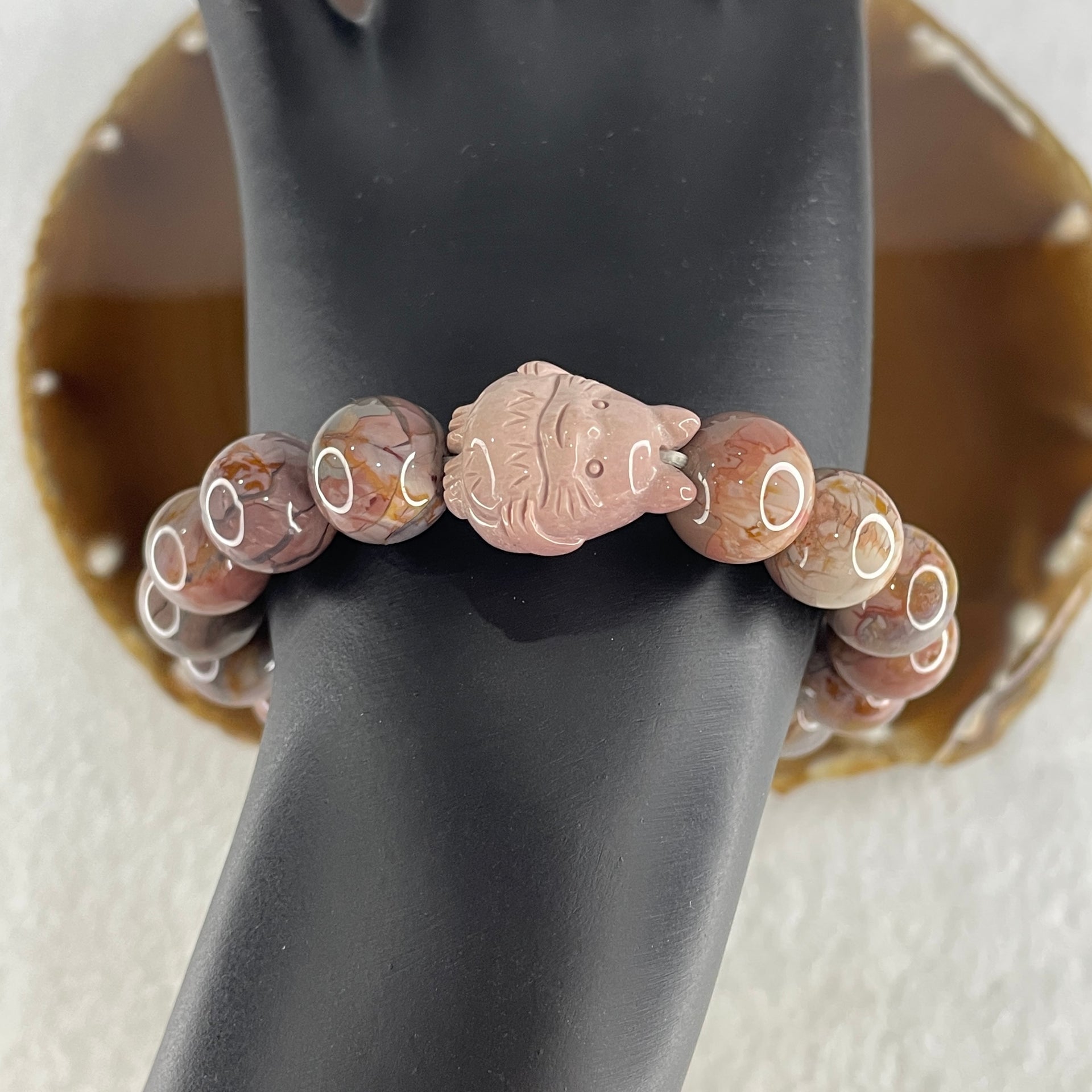 Natural Alashan Agate Greyish Pink Beads with Rat Charm Bracelet 39.00g 16.5cm 11.8mm 16Beads - Huangs Jadeite and Jewelry Pte Ltd