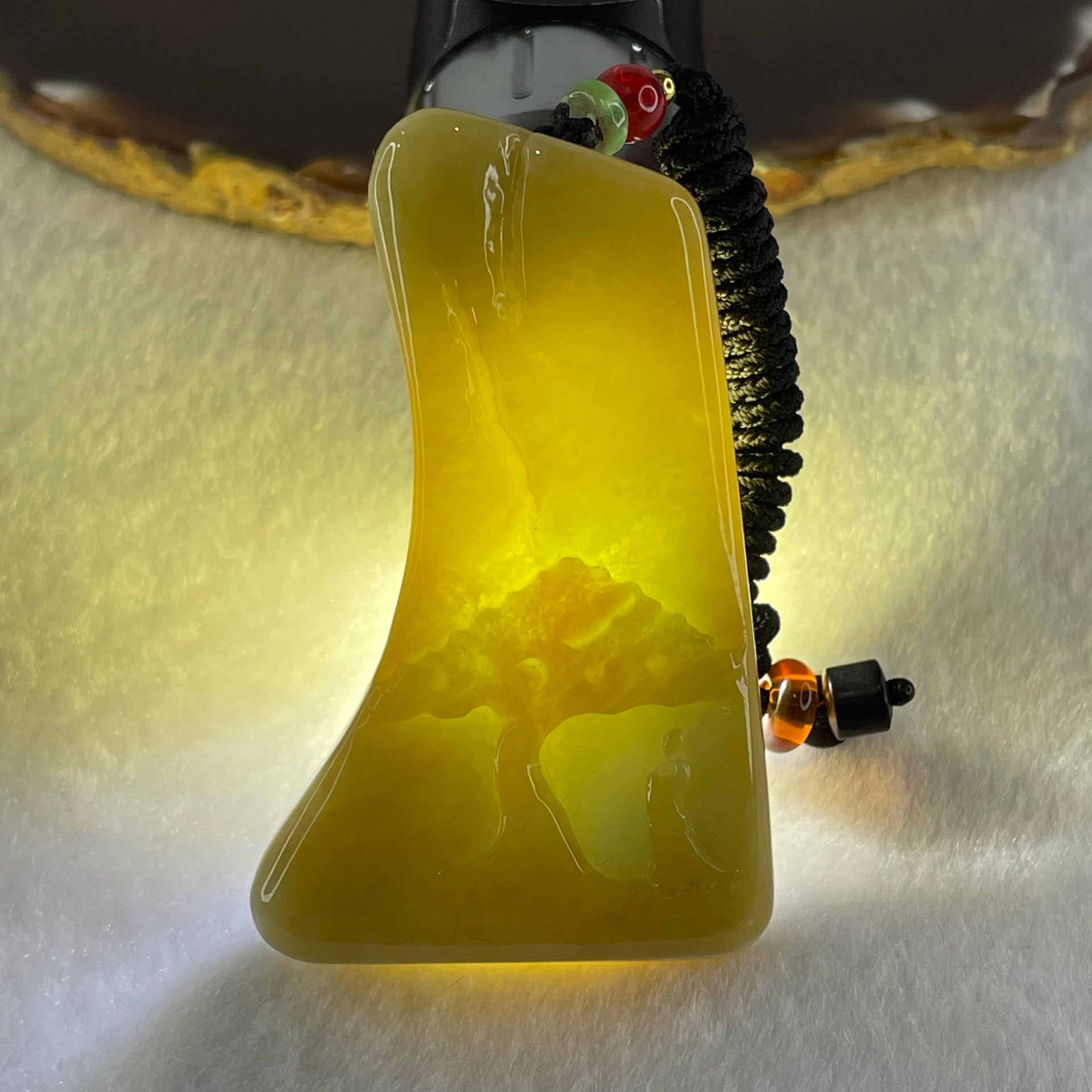 Natural Type A Yellow Jadeite Shan Shui Scenic with Gui Ren Benefactor 99.67g 66.1 by 39.8 by 17.2mm (Burned) - Huangs Jadeite and Jewelry Pte Ltd