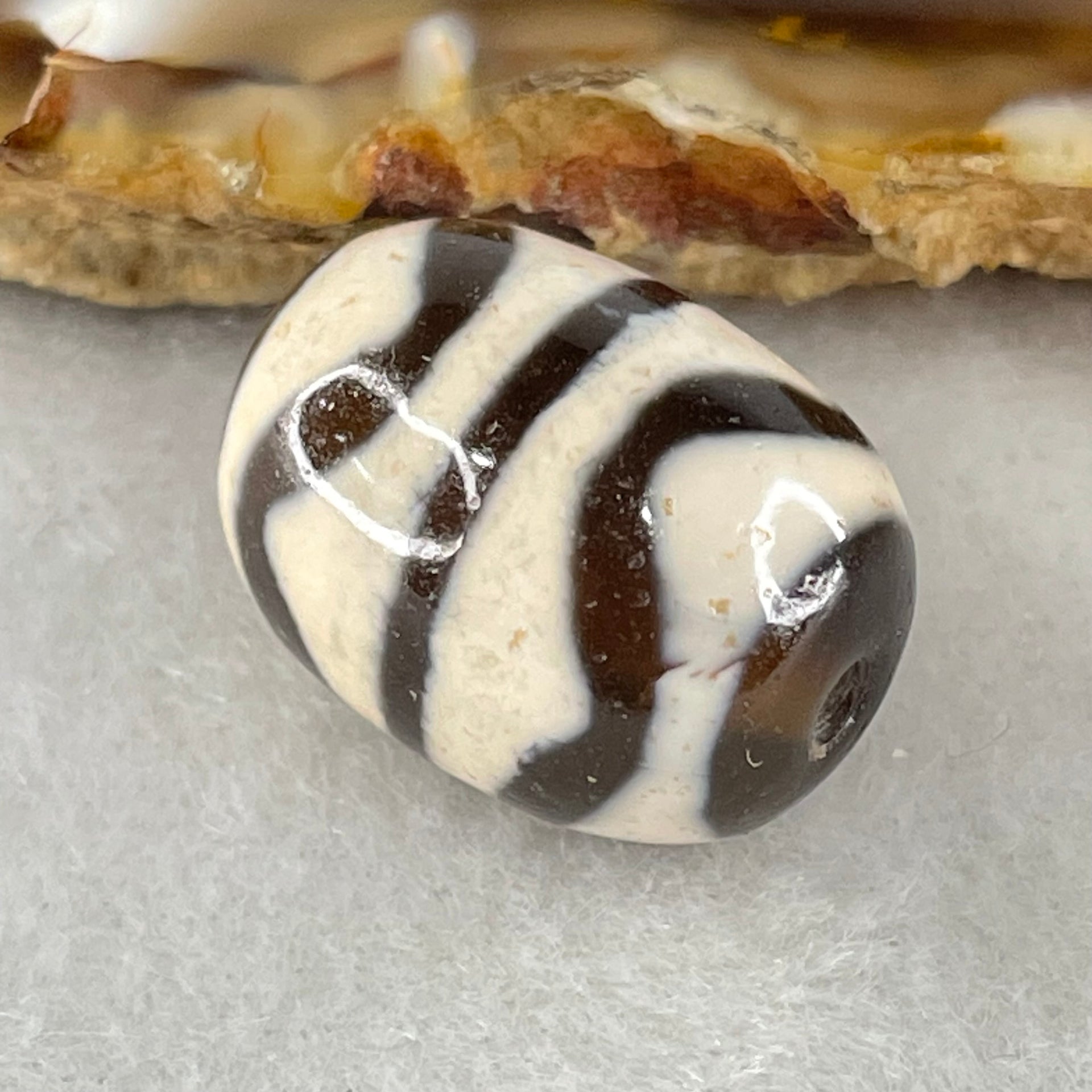 Natural Powerful Tibetan Old Oily Agate Double Tiger Tooth Daluo Dzi Bead Heavenly Master (Tian Zhu) 虎呀天诛 4.72g 17.8 by 13.2mm - Huangs Jadeite and Jewelry Pte Ltd