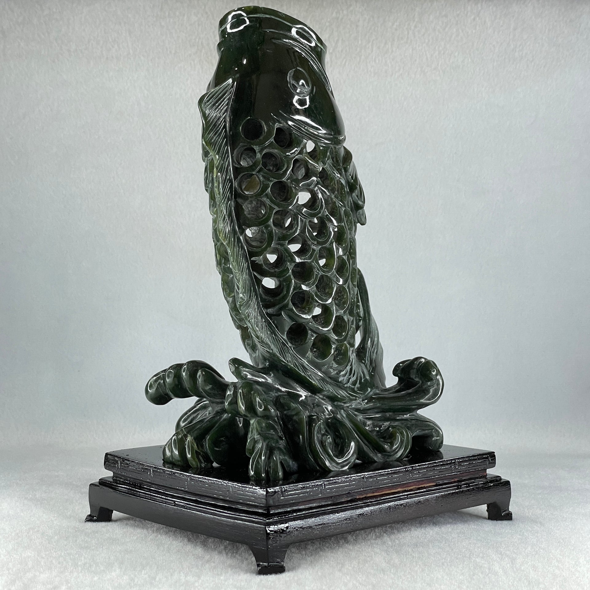 Natural Dark Green Serpentine Carp Fish with Wooden Stand Display 1,215.0g 160.0 by 120.0 by 230.0mm - Huangs Jadeite and Jewelry Pte Ltd