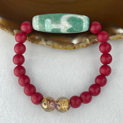 Natural Powerful Tibetan Old Oily Agate 2 Nectar Vessel Dzi Bead Heavenly Master (Tian Zhu) 38.1 by 13.2mm with Natural Red Agate Beads Bracelet 24.23g 15cm 8.0mm 17 Beads - Huangs Jadeite and Jewelry Pte Ltd