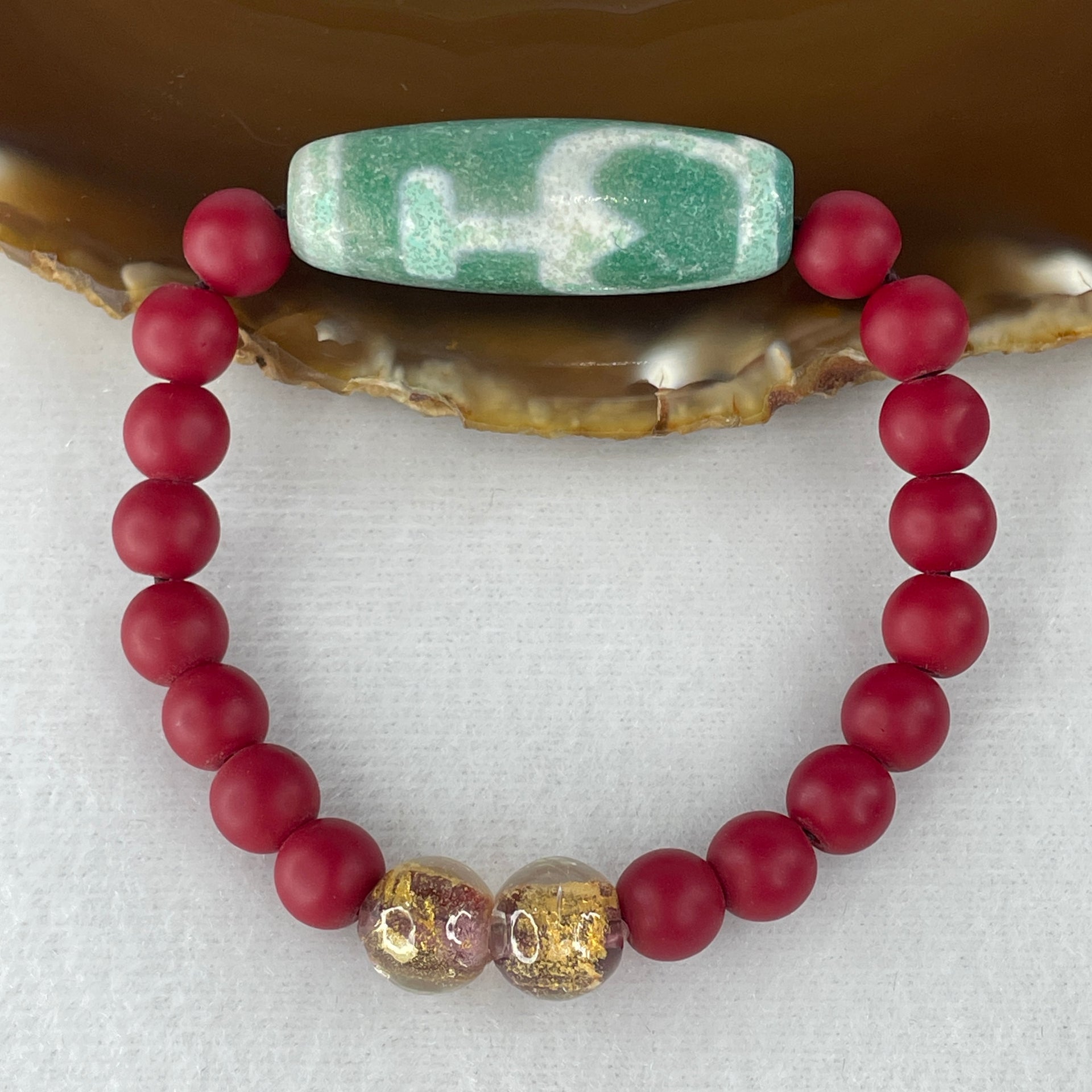 Natural Powerful Tibetan Old Oily Agate 2 Nectar Vessel Dzi Bead Heavenly Master (Tian Zhu) 38.1 by 13.2mm with Natural Red Agate Beads Bracelet 24.23g 15cm 8.0mm 17 Beads - Huangs Jadeite and Jewelry Pte Ltd