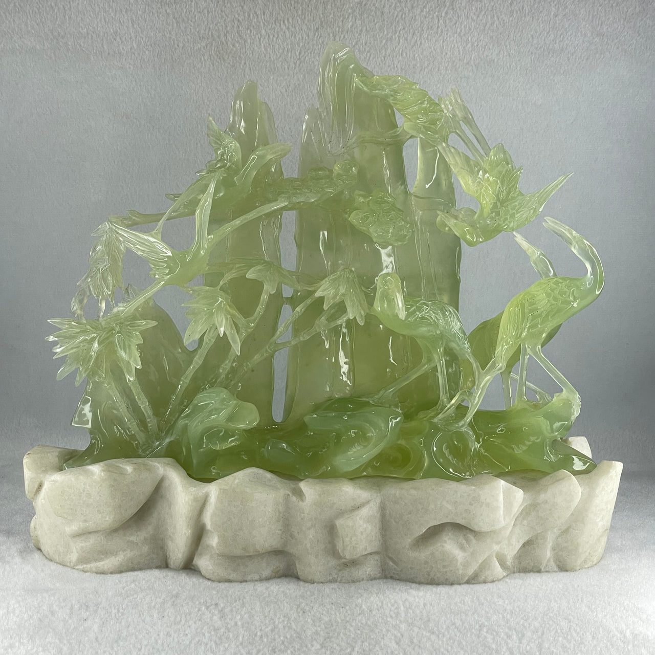 Natural Icy Green Serpentine 6 Cranes with Bamboo Shoots on Shan Shui with White Stone Stand Display 3,171.9g 270.0 by 102.0 by 236.0mm