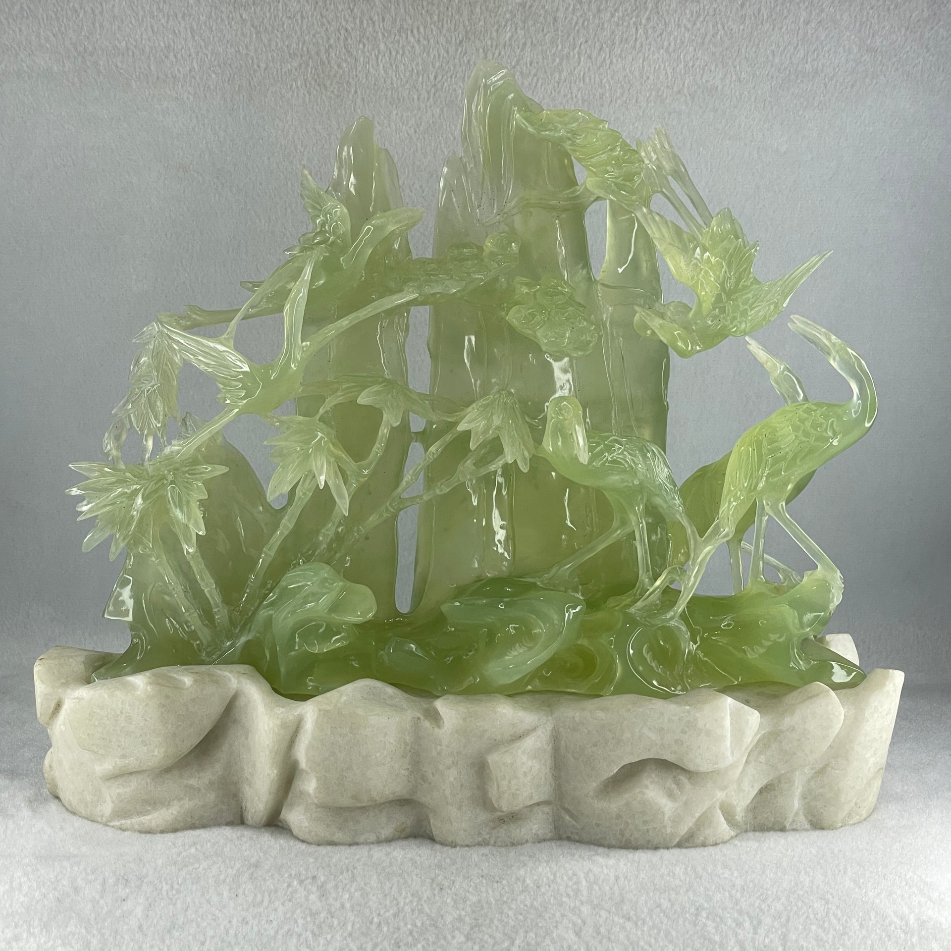 Natural Icy Green Serpentine 6 Cranes with Bamboo Shoots on Shan Shui with White Stone Stand Display 3,171.9g 270.0 by 102.0 by 236.0mm - Huangs Jadeite and Jewelry Pte Ltd