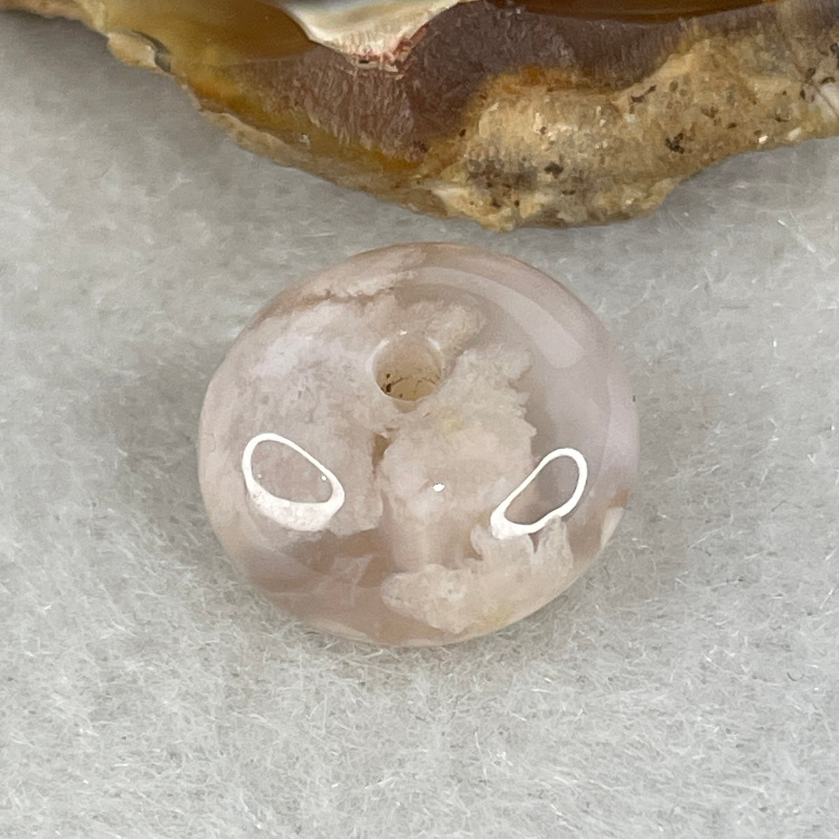 Natural Pinkish Flower Agate Ping An Kou Charm Pendant | Petite Cherry Blossom Quartz Peace Donut Talisman (2.31g | 14.0 x 7.6mm)