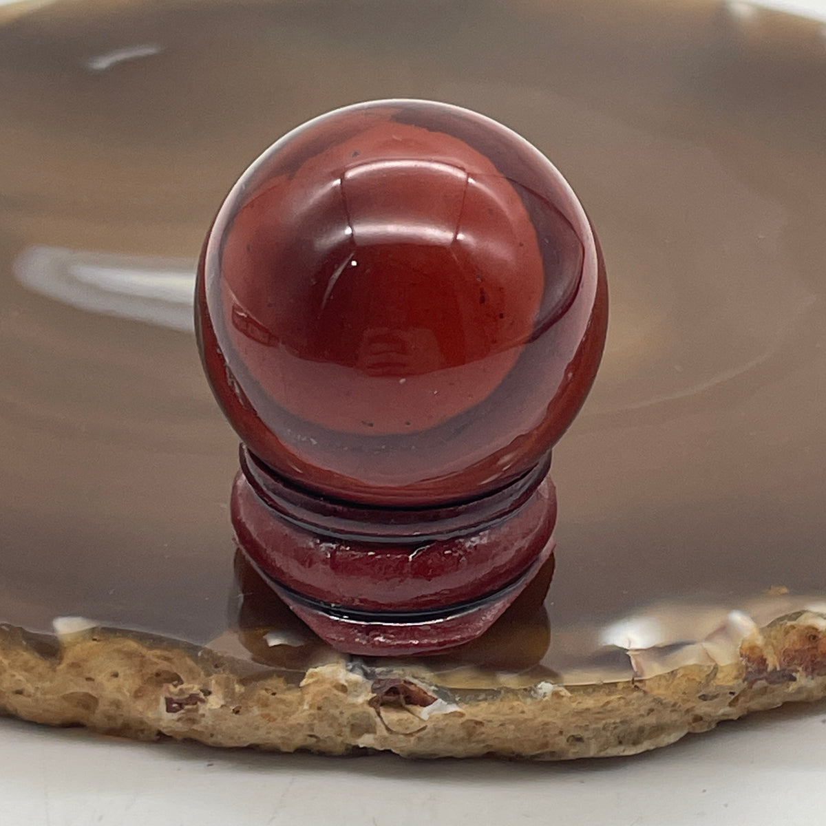 Natural Red Jasper Mini Sphere Ball with Wooden Stand Display | (42.41g | 30.6mm | 37.5mm | Anchor, Supreme Nurturer & Endurance Catalyst, 360° Energy Harmonizer & Feng Shui Stability Catalyst)