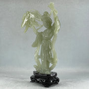 Natural Green Serpentine Fairy with Butterfly with Wooden Stand Display 336.9g 132.0 by 201.0 by 68.0mm - Huangs Jadeite and Jewelry Pte Ltd