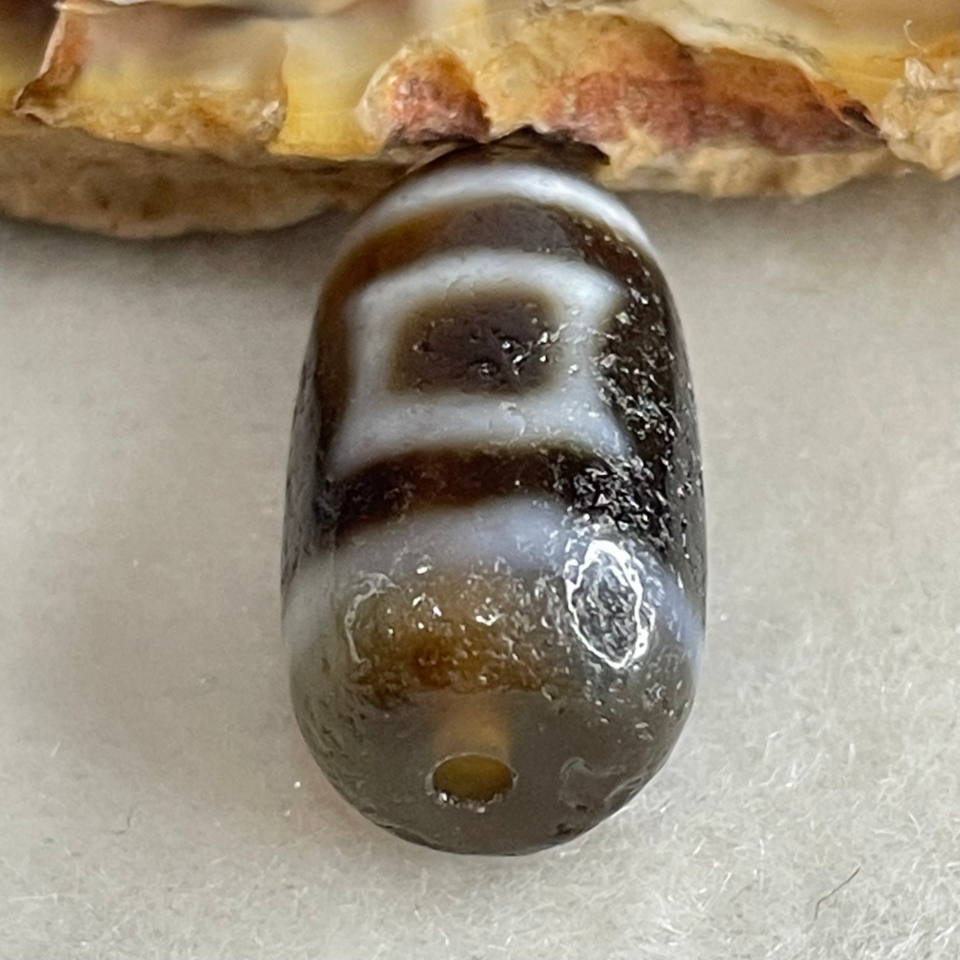 Natural Powerful Tibetan Old Oily Agate Sky Door Serenity 1 Eye Dzi Bead Heavenly Master (Tian Zhu) 一眼天诛 3.43g 18.8 by 10.6mm - Huangs Jadeite and Jewelry Pte Ltd