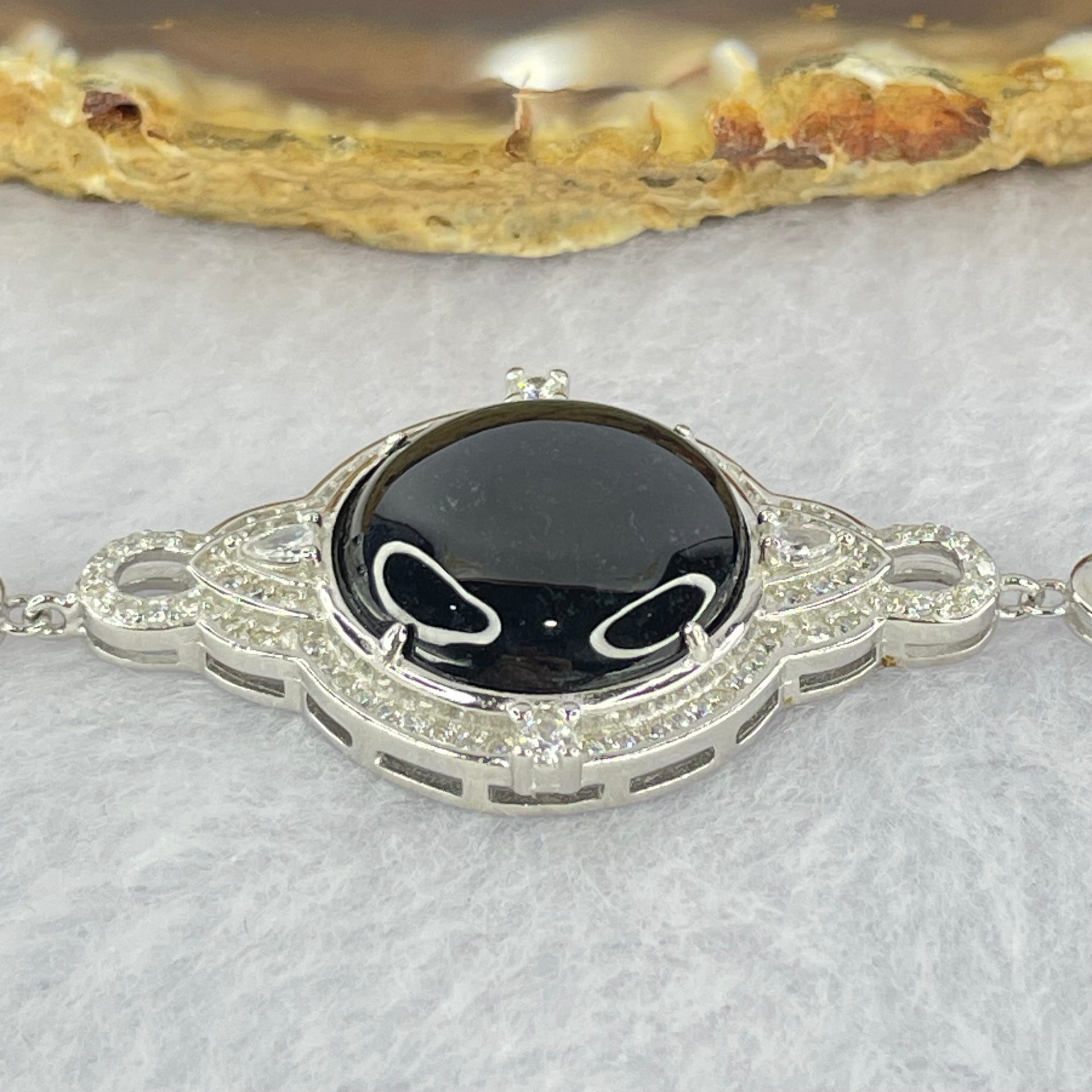 Type A Translucent Black Jadeite Round Wu Shi Pai with Crystals in S925 Sliver Bracelet 9.54g 16.5 by 3.0mm - Huangs Jadeite and Jewelry Pte Ltd